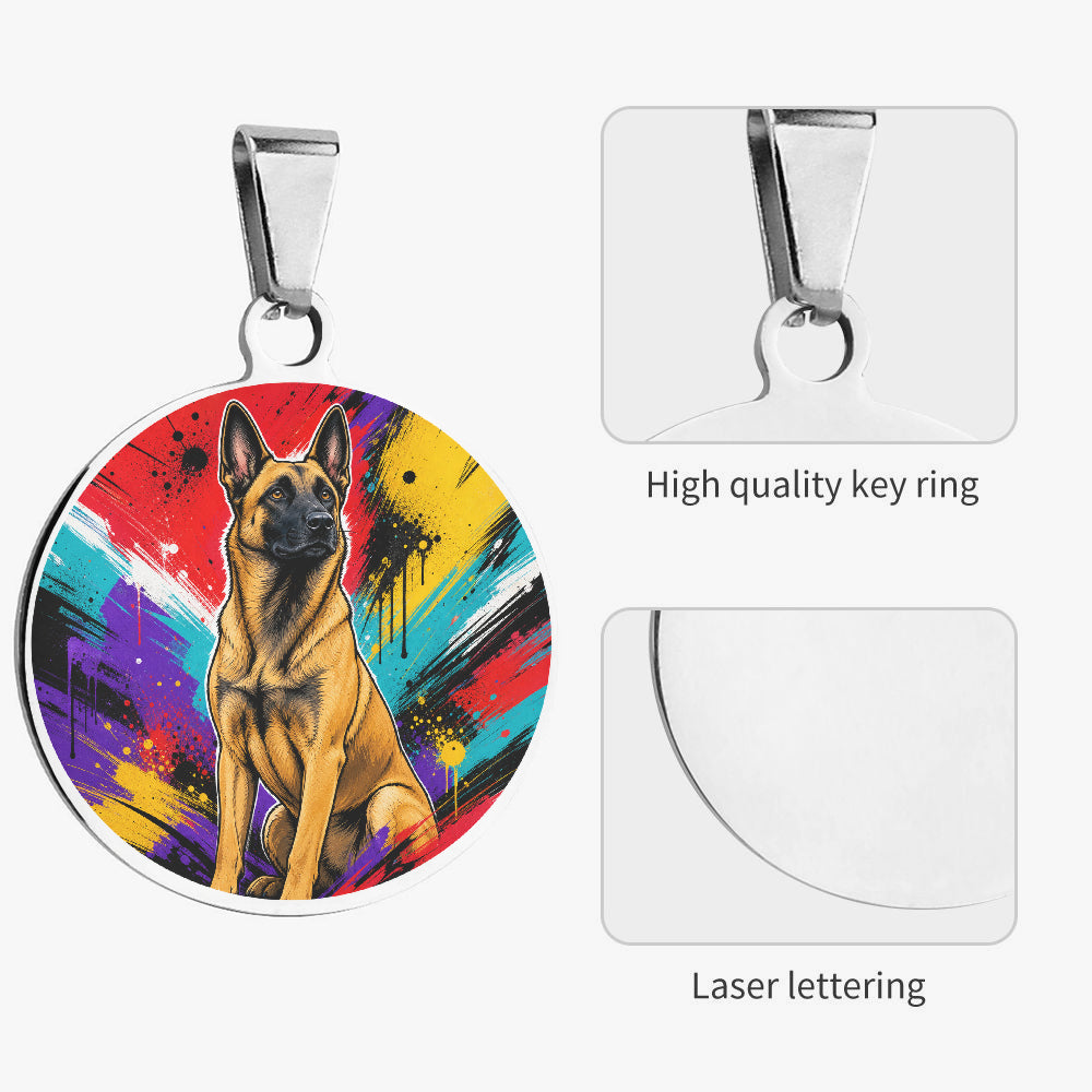 Close-up of Belgian Malinois Bold Paint Splash artwork on personalized dog ID tag