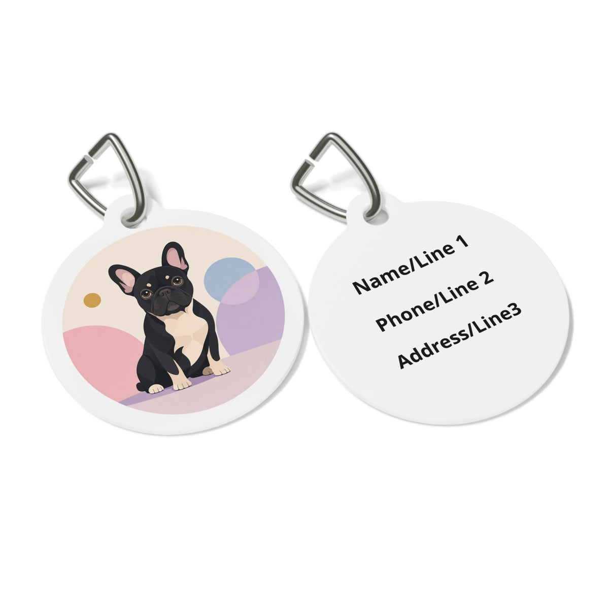 Close-up of French Bulldog Bright Playful Portrait artwork on personalized dog ID tag