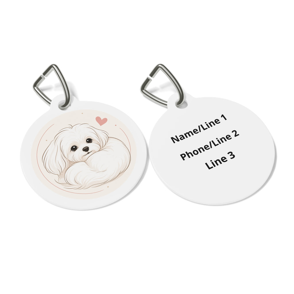 Chapa de identificación personalizada con dibujo lineal de perro maltés acurrucado y acogedor