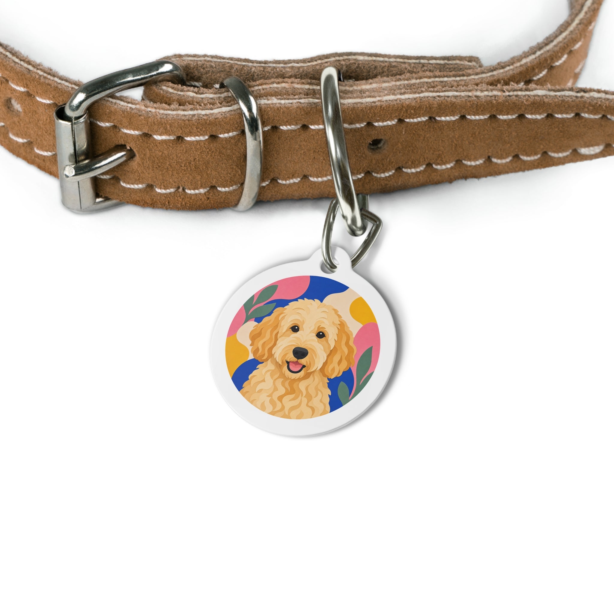 Retrato vibrante a color Goldendoodle Placa identificativa personalizada para perro