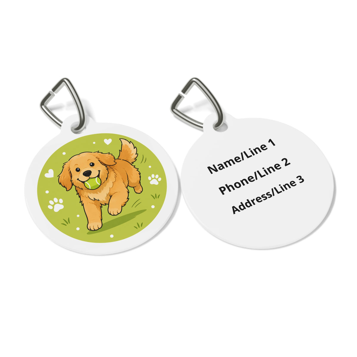Close-up of Tennis Golden Retriever Energetic Sports Illustration artwork on personalized dog ID tag