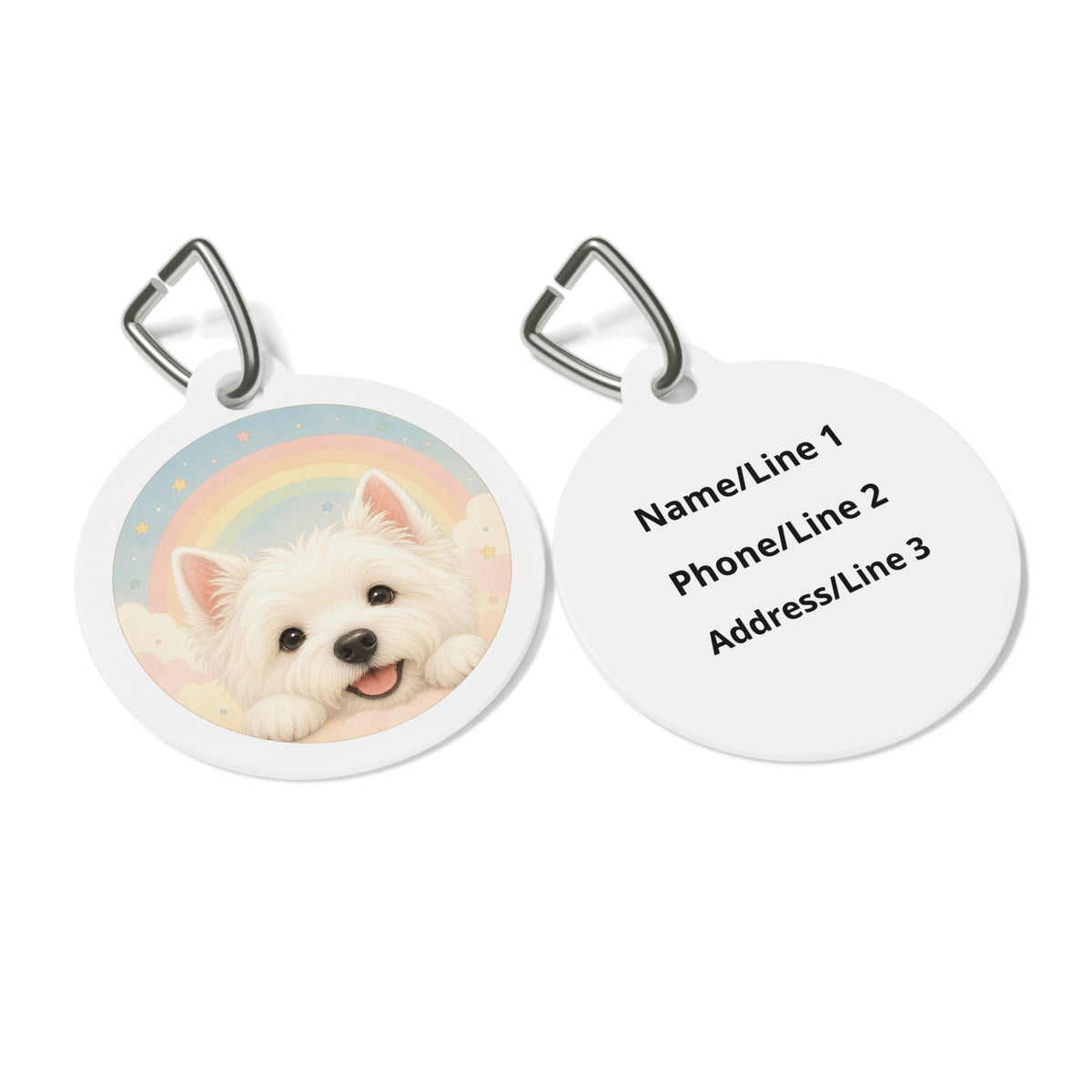 Close-up of West Highland White Terrier Rainbow Dream artwork on personalized dog ID tag