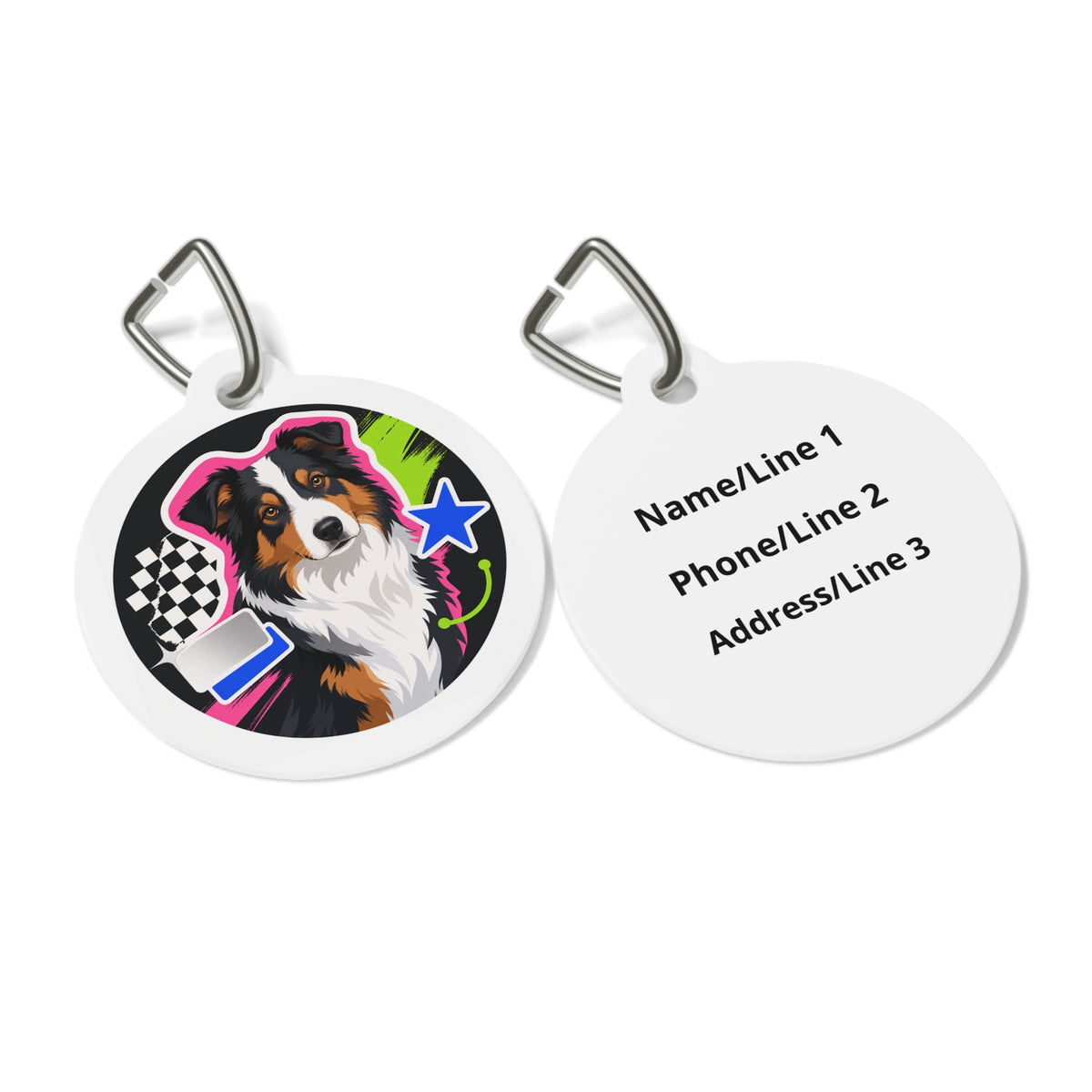 Close-up of Australian Shepherd Neon Pop artwork on personalized dog ID tag