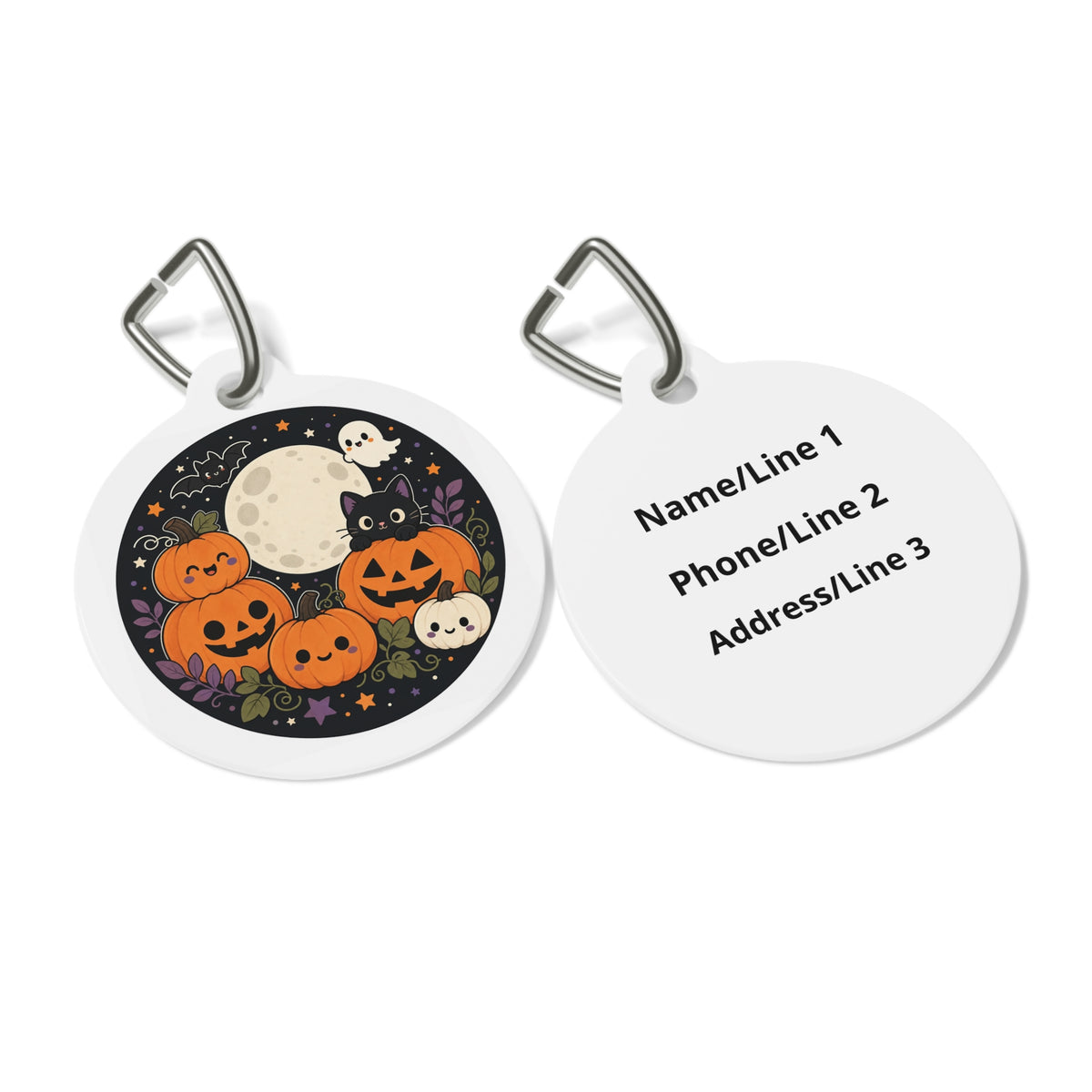 Close-up of Moonlit Black Cat & Pumpkin Patch artwork on personalized dog ID tag