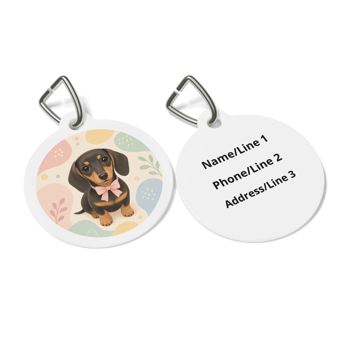 Close-up of Dachshund Cheerful Cute Portrait artwork on personalized dog ID tag