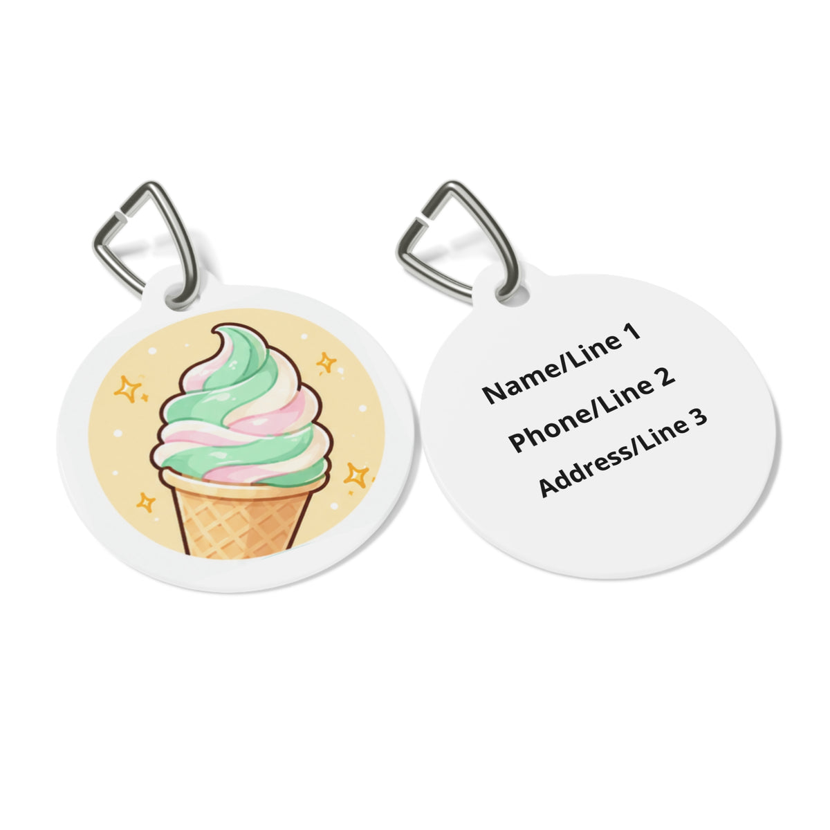 Close-up of Pastel Swirl Cone Whimsical Foodie Art artwork on personalized dog ID tag