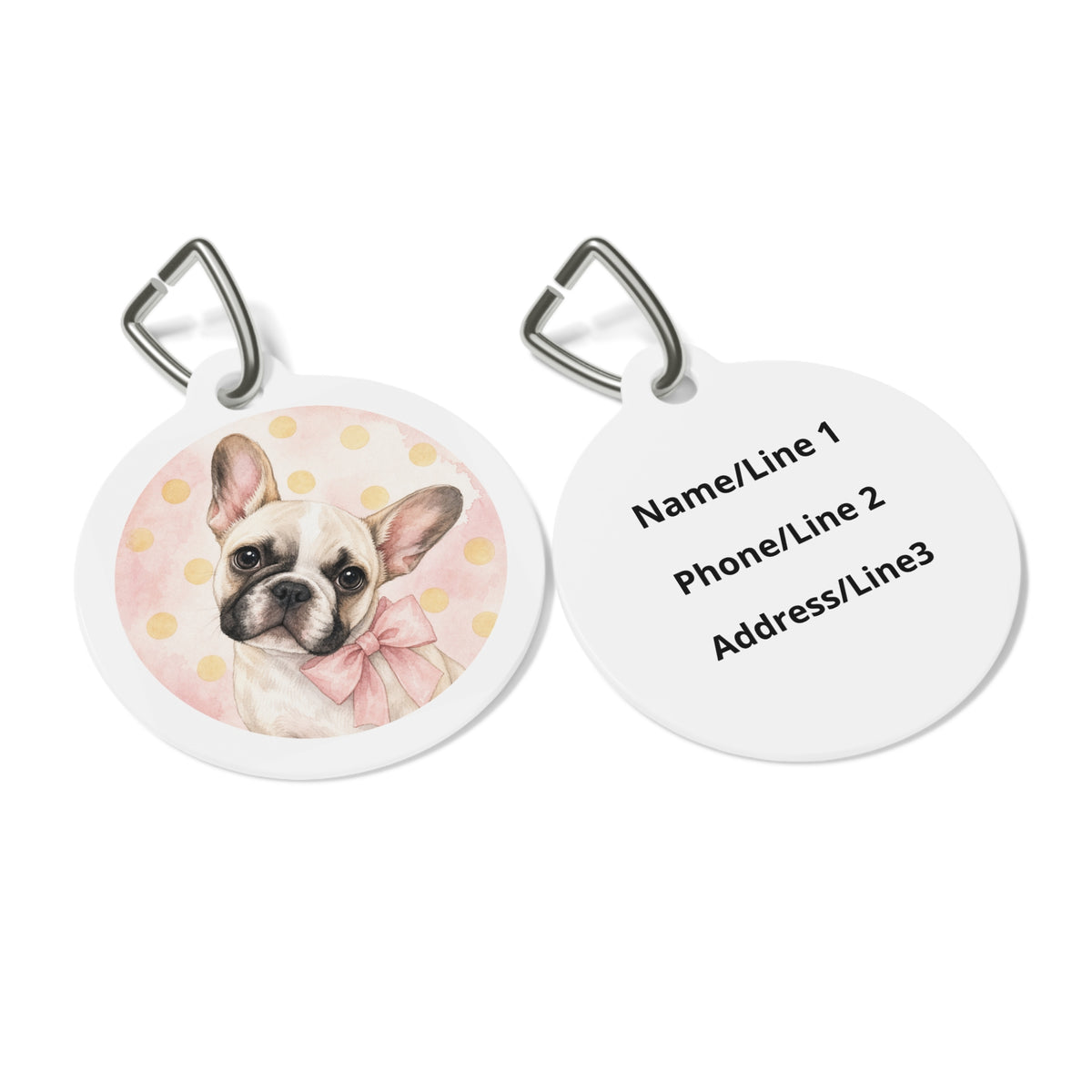 Close-up of French Bulldog Joyful Cute Portrait artwork on personalized dog ID tag