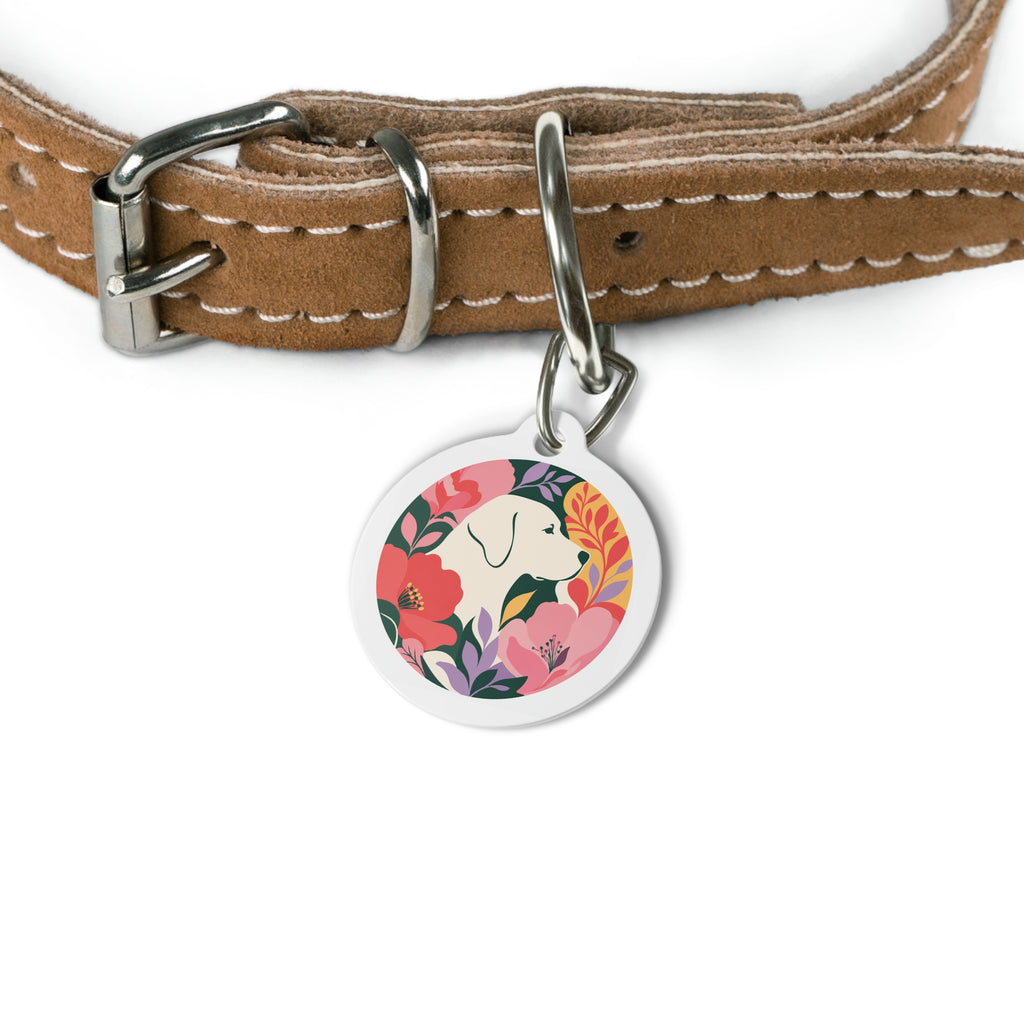 Placa identificativa para perro personalizada con silueta tropical de Labrador Retriever