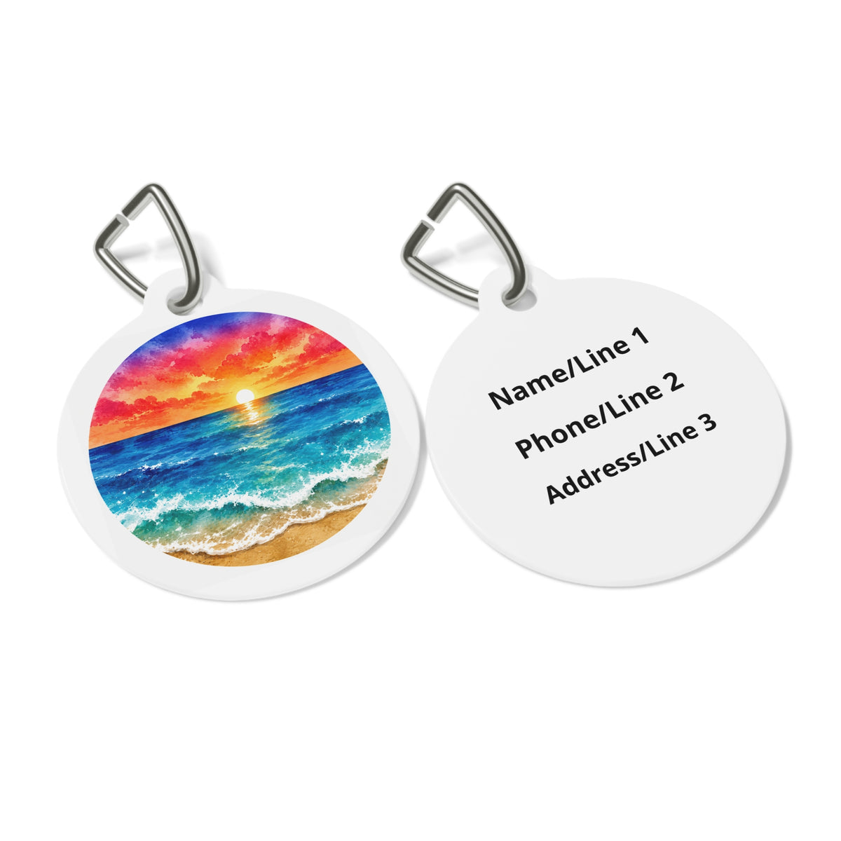 Close-up of Ocean Sunset Dreamy Coastal Scene artwork on personalized dog ID tag
