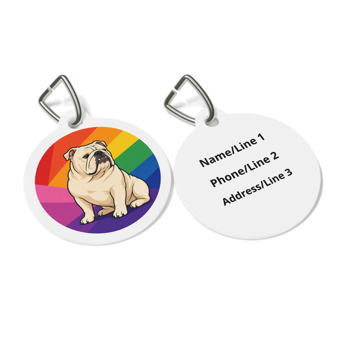 Close-up of Bulldog Rainbow Rays artwork on personalized dog ID tag