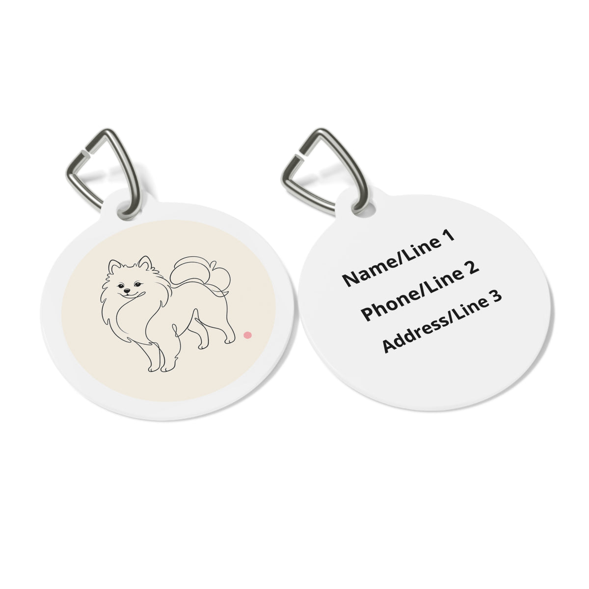 Close-up of Pomeranian Minimal Line Art artwork on personalized dog ID tag