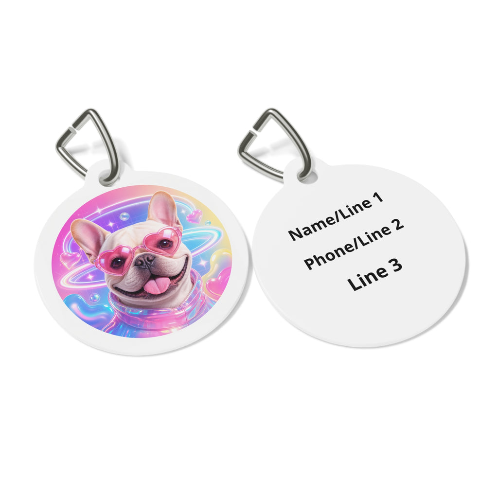 Etiqueta de identificación personalizada para perro Bulldog Francés con gafas de sol rosas de corazón