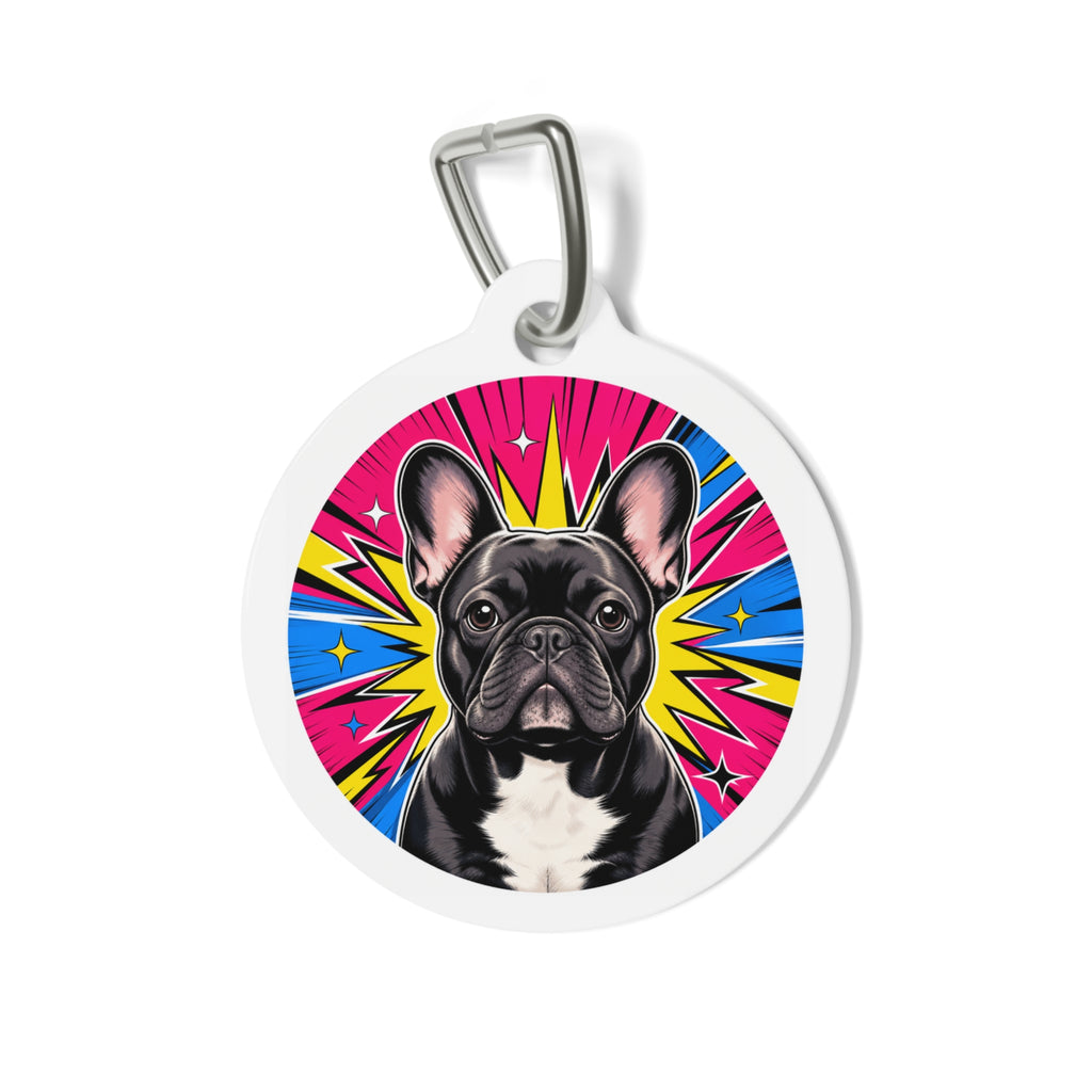 Etiqueta de identificación de perro personalizada con Pop Art alegre de bulldog francés