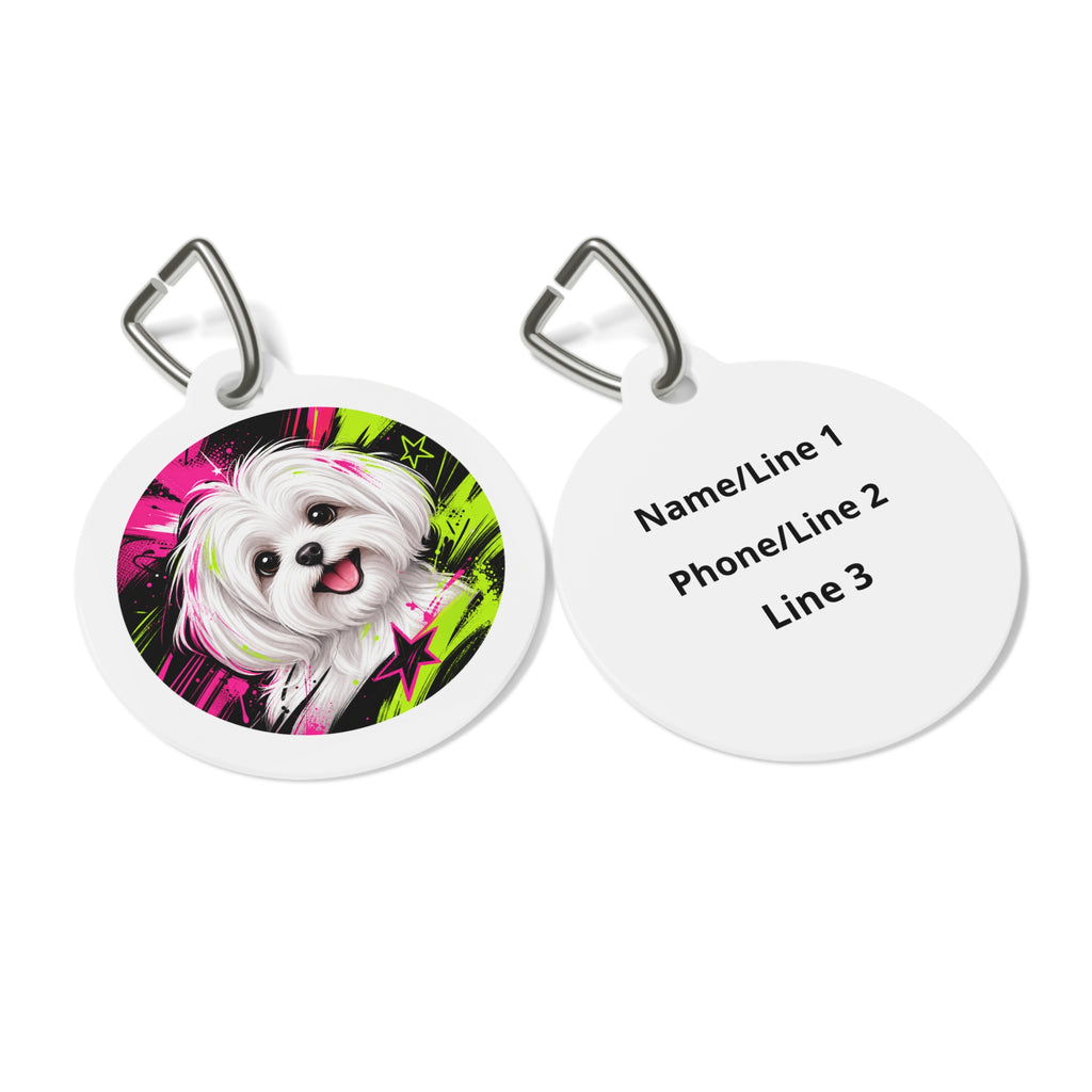 Placa identificativa de perro personalizada - Retrato Pop Neón de Maltés