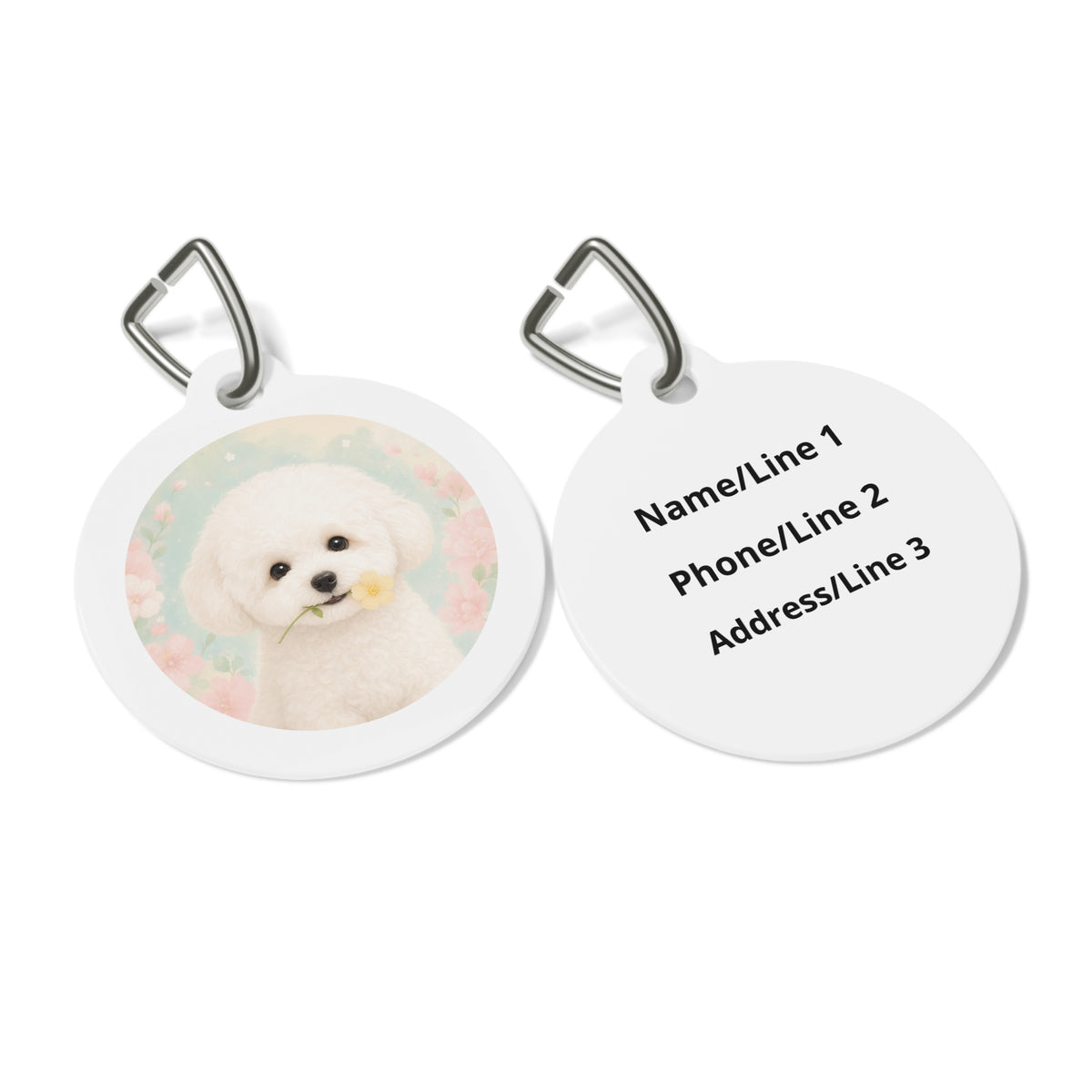 Close-up of Bichon Frise Floral artwork on personalized dog ID tag