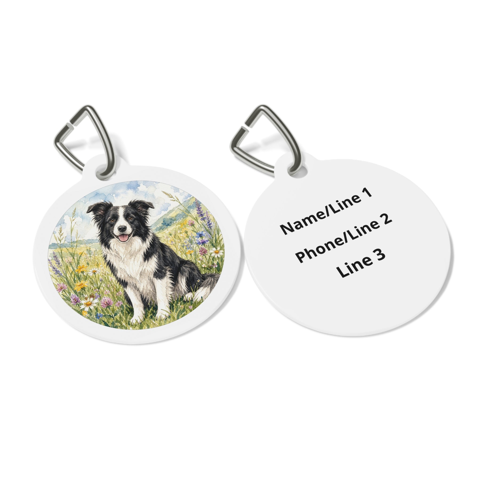 Border Collie Wildflower Watercolor Personalized Dog ID Tag