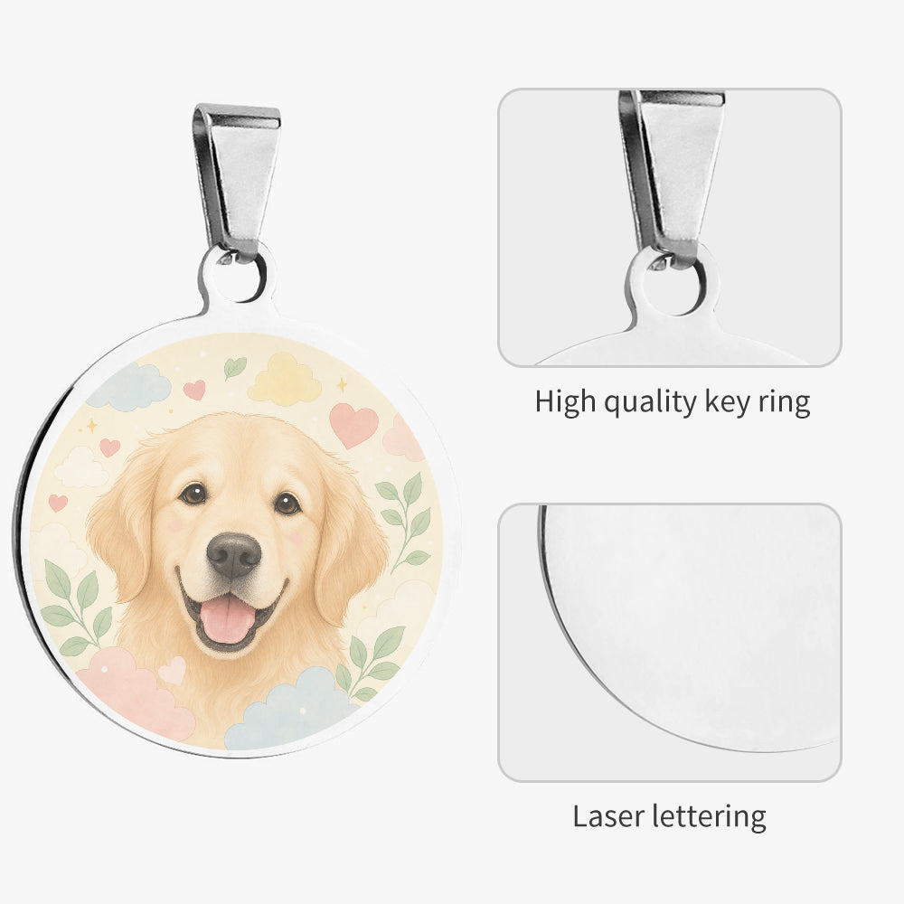 Close-up of Golden Retriever Pastel Heart Garden artwork on personalized dog ID tag