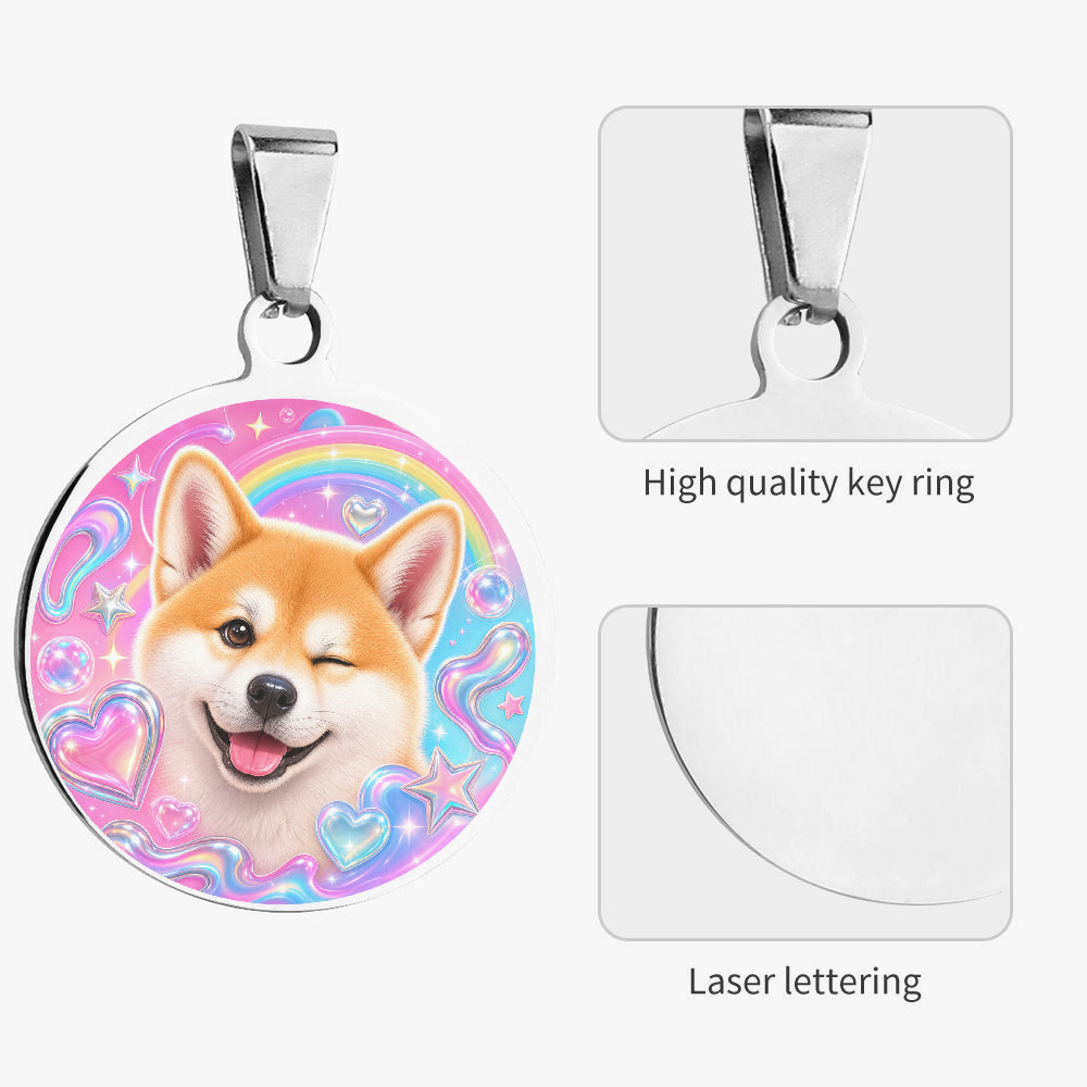 Close-up of Akita Rainbow Hearts Dream artwork on personalized dog ID tag