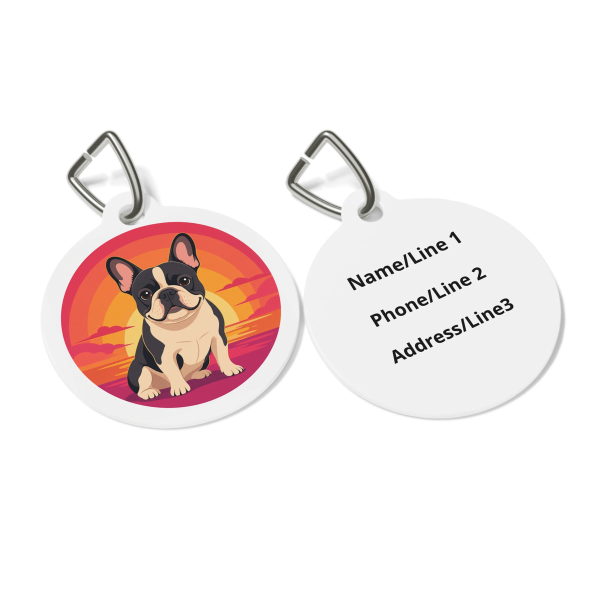 Close-up of French Bulldog Retro Sunset artwork on personalized dog ID tag