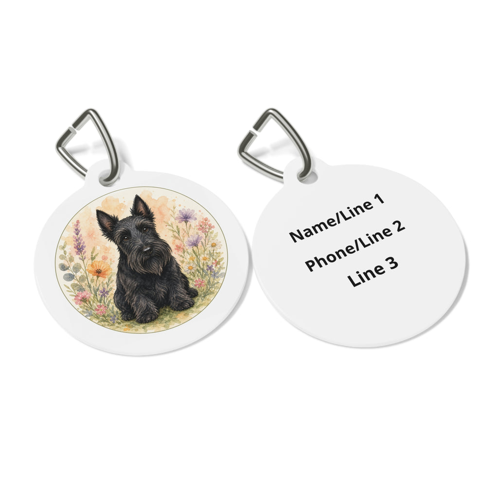 Chapa de identificación personalizada para perro con diseño de Scottish Terrier y acuarela de flores silvestres