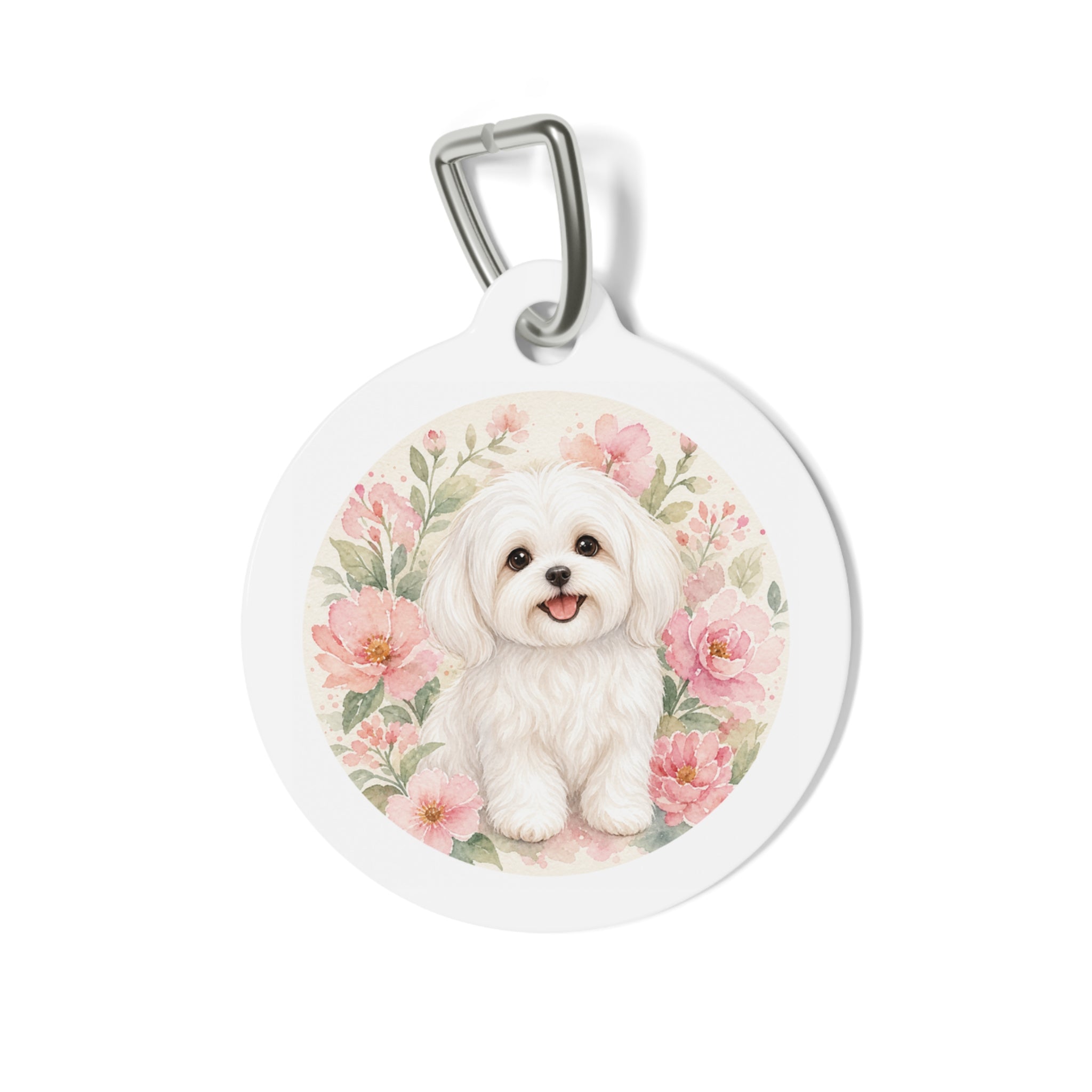 Maltese Pink Floral Garden Personalized Dog ID Tag