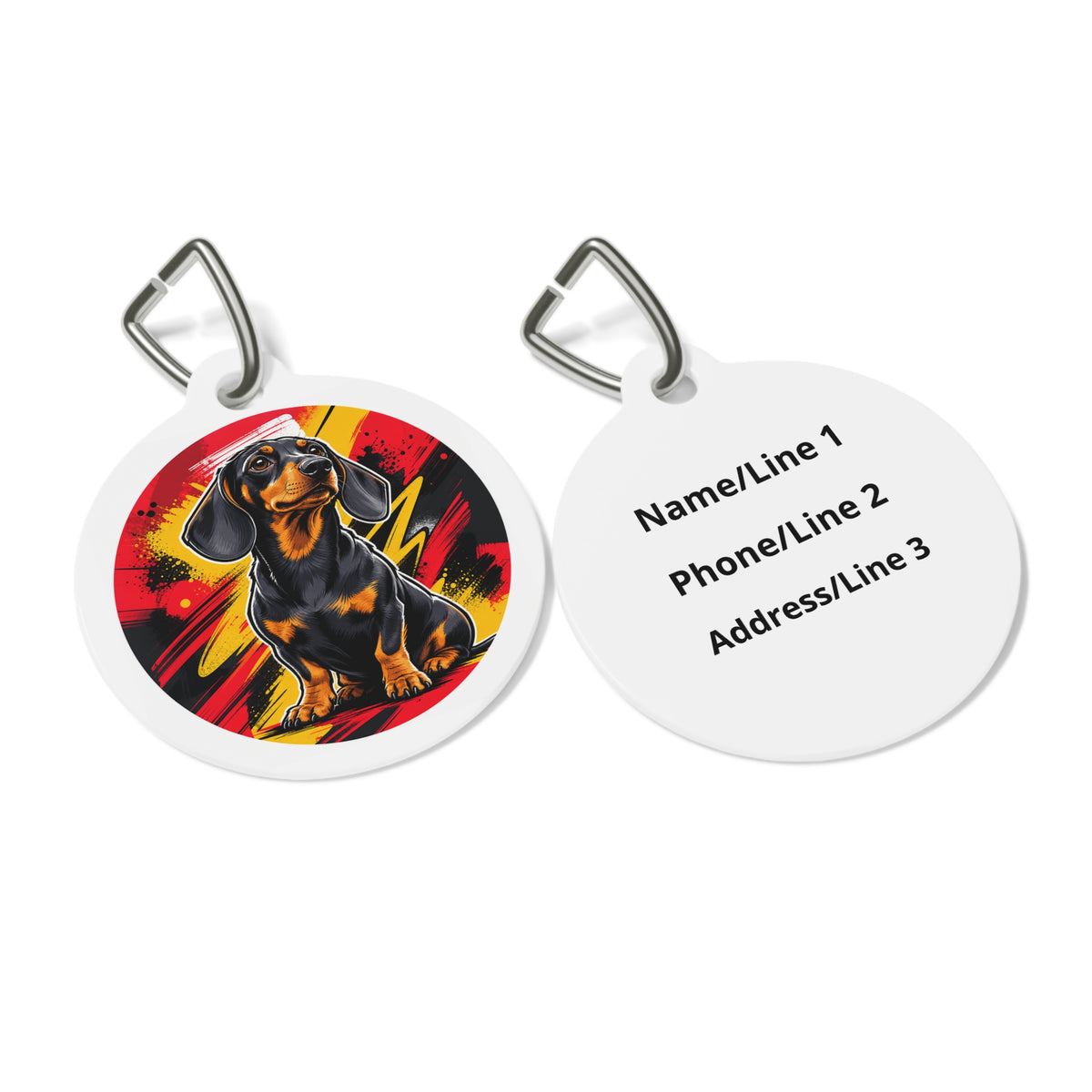 Close-up of Dachshund Joyful Cute Portrait artwork on personalized dog ID tag