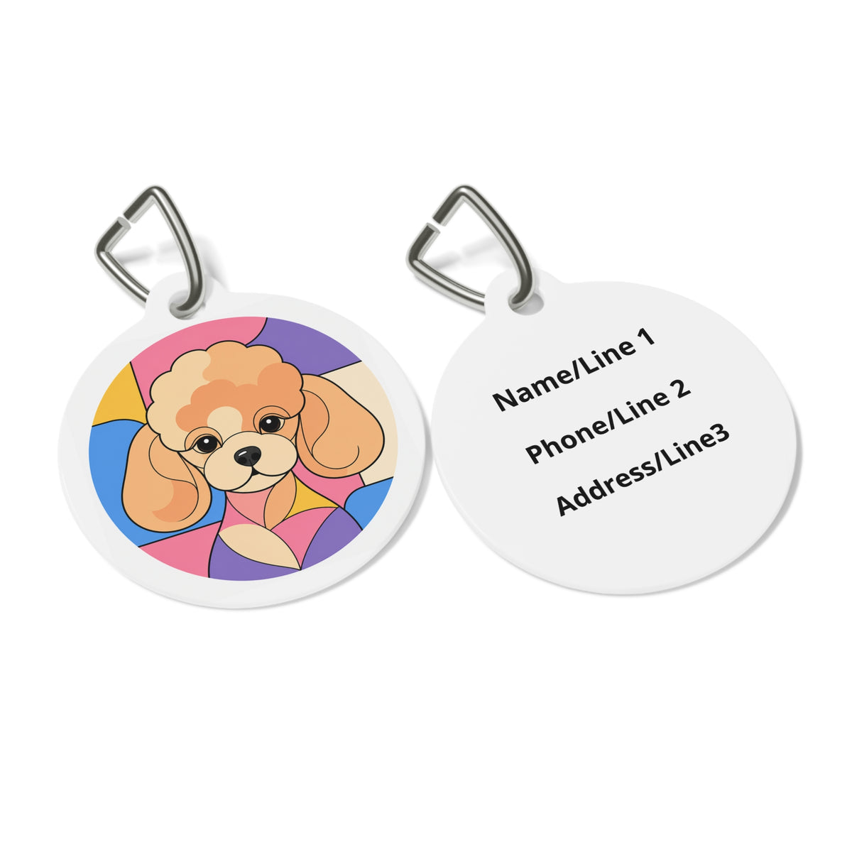 Close-up of Toy Poodle Stained Glass Puppy artwork on personalized dog ID tag