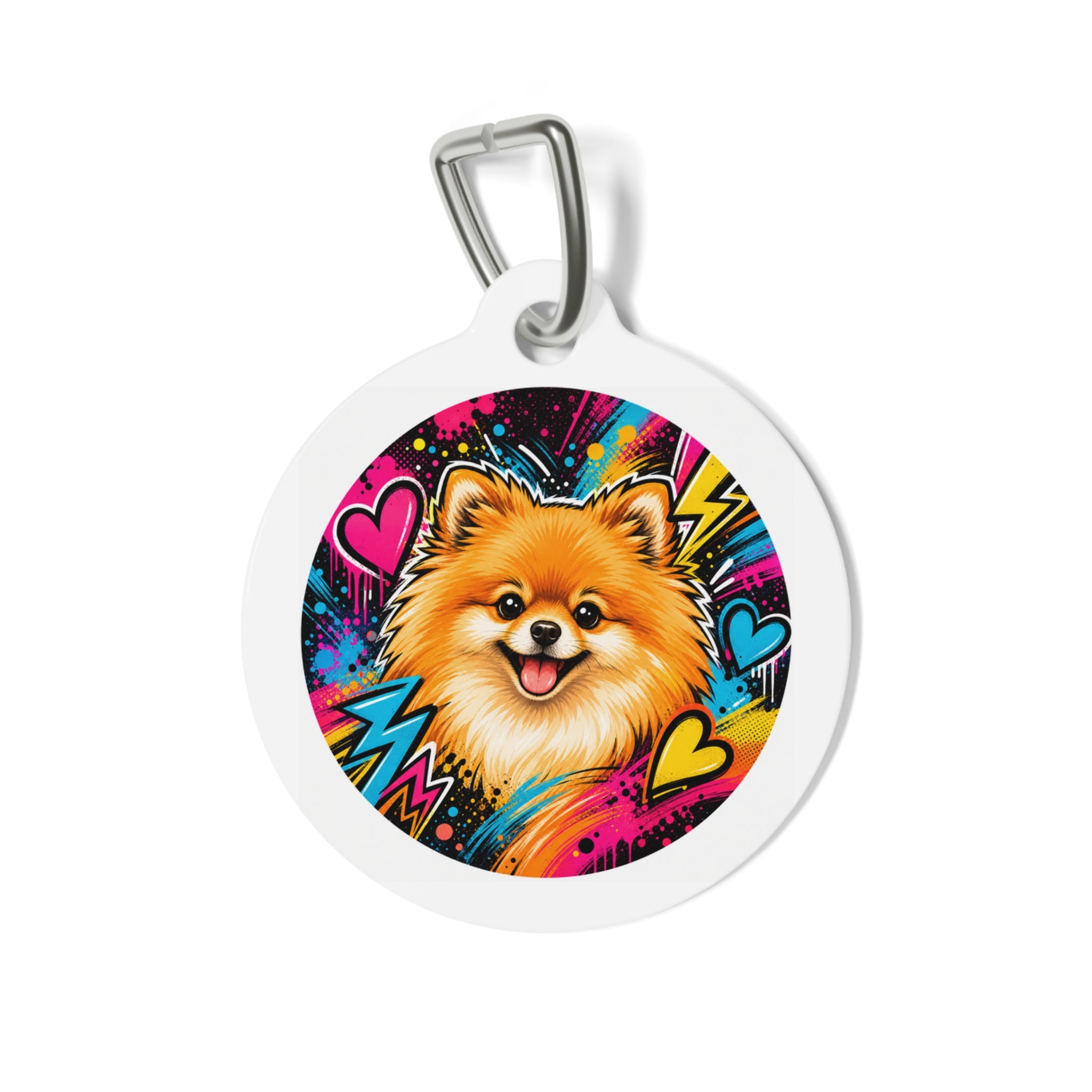 Pomeranian Neon Graffiti Hearts Personalized Dog ID Tag