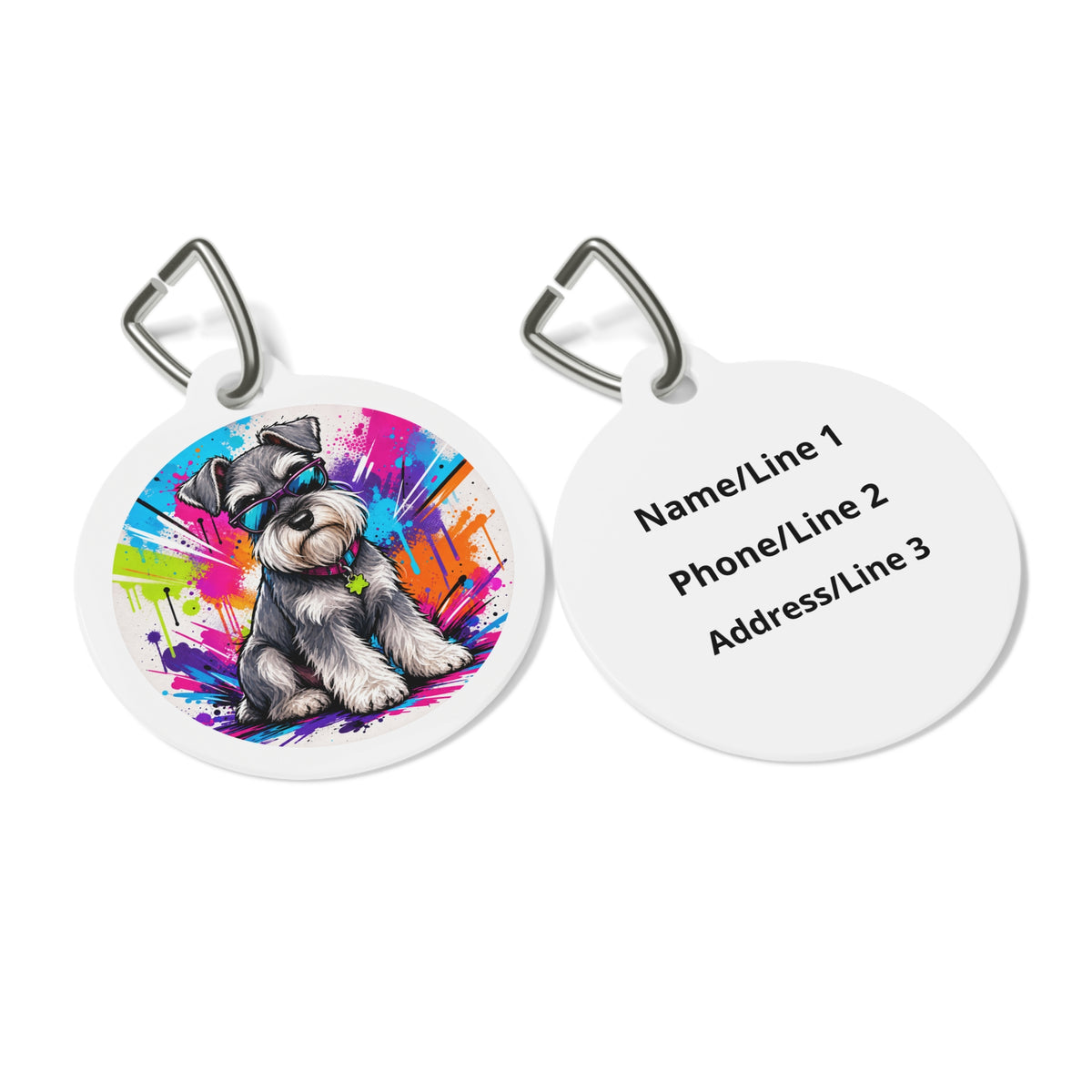 Close-up of Miniature Schnauzer Vibrant Paint Splash artwork on personalized dog ID tag