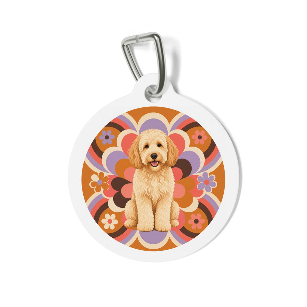 Placa de identificación personalizada para perro Goldendoodle con diseño floral retro
