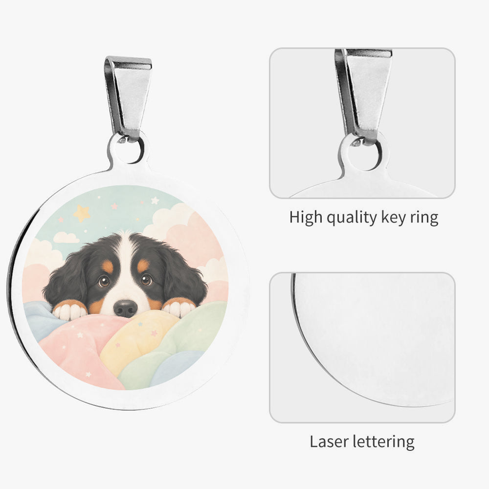 Close-up of Bernese Mountain Dog Dreamy Cloud Peek artwork on personalized dog ID tag