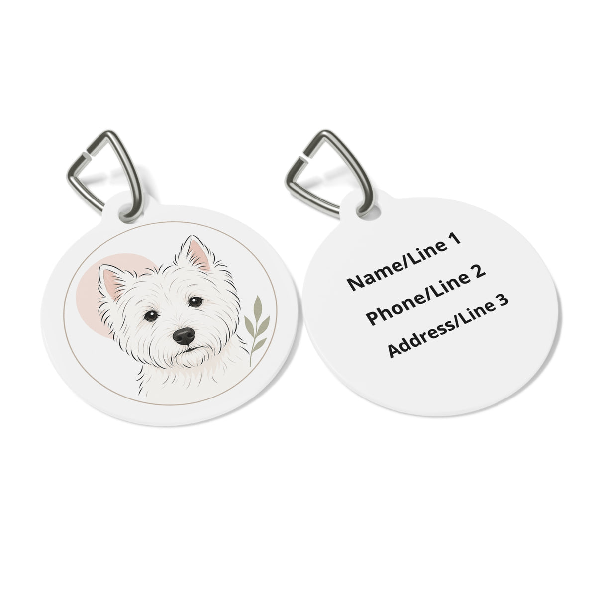 Close-up of West Highland White Terrier Playful Portrait artwork on personalized dog ID tag