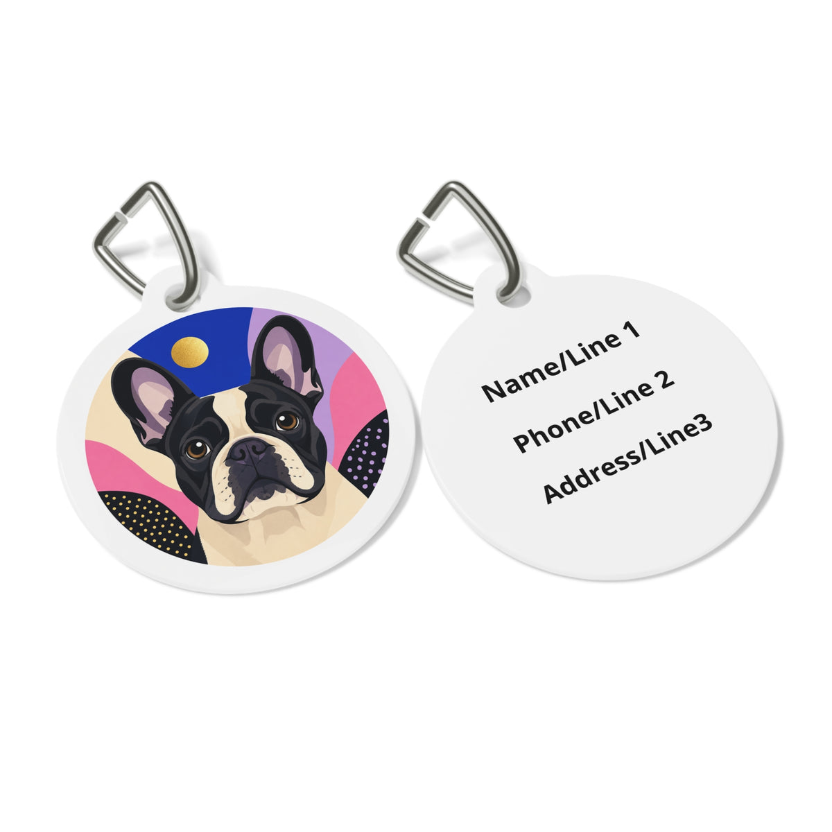 Close-up of French Bulldog Geometric Pop Art artwork on personalized dog ID tag