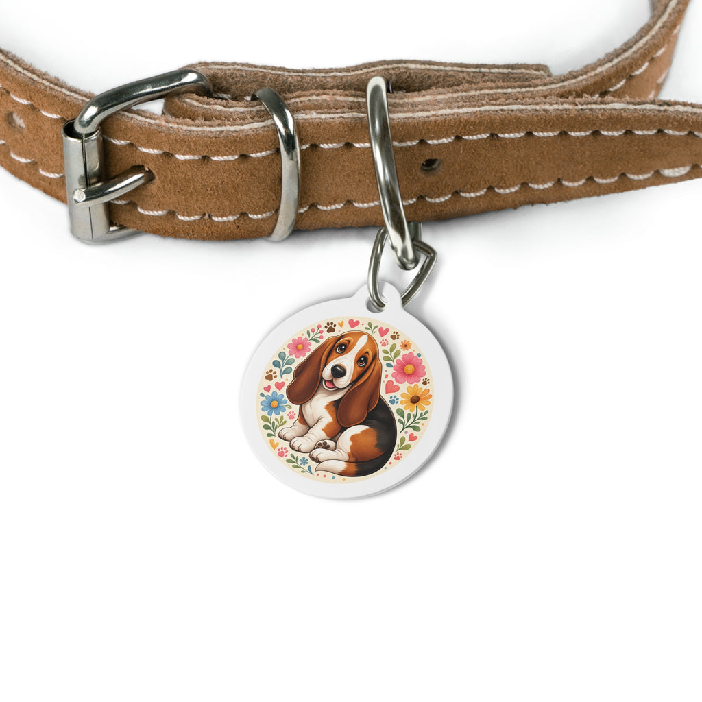 Placa de identificación de perro personalizada Basset Hound, jardín de flores vibrante