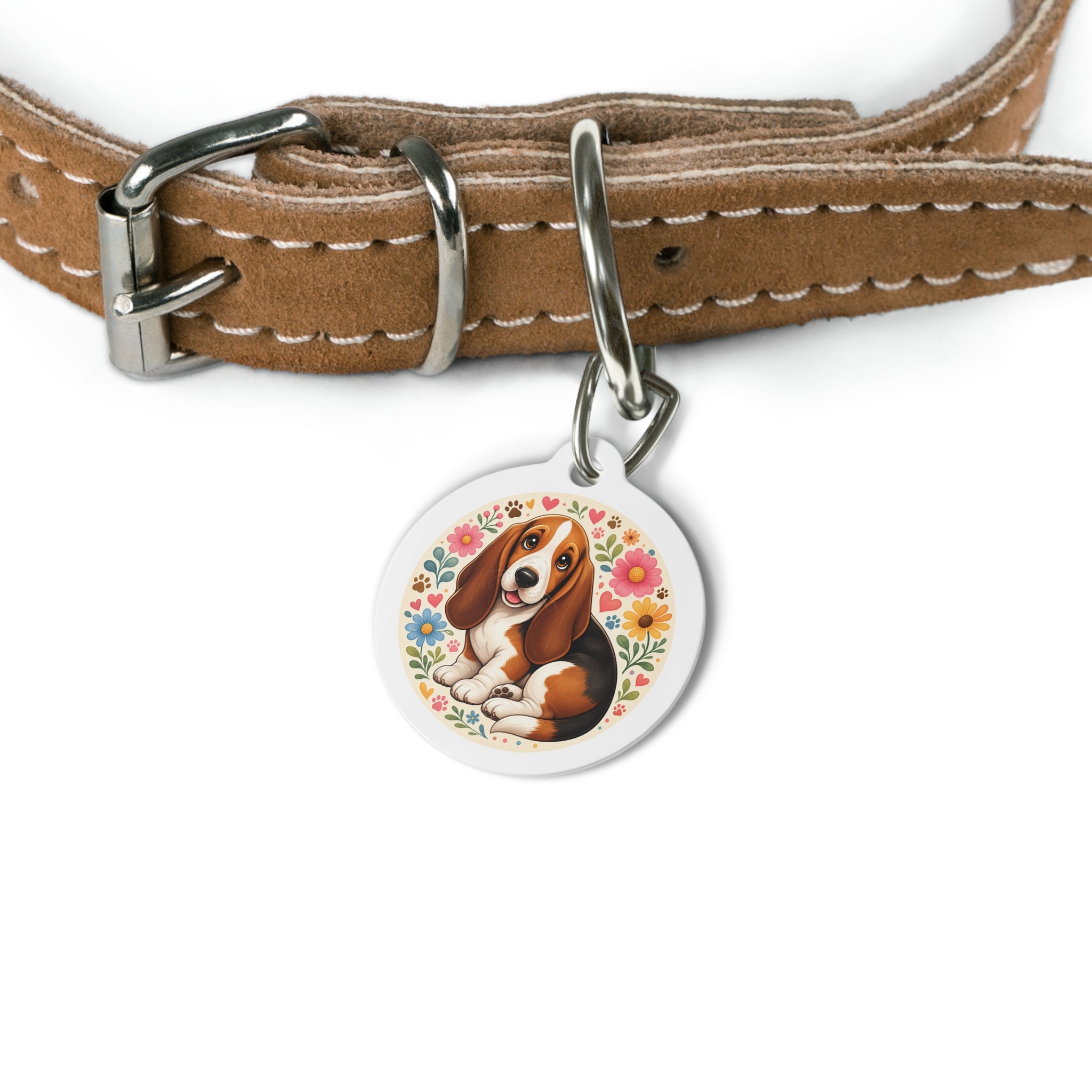 Basset Hound Vibrant Flower Garden Personalized Dog ID Tag