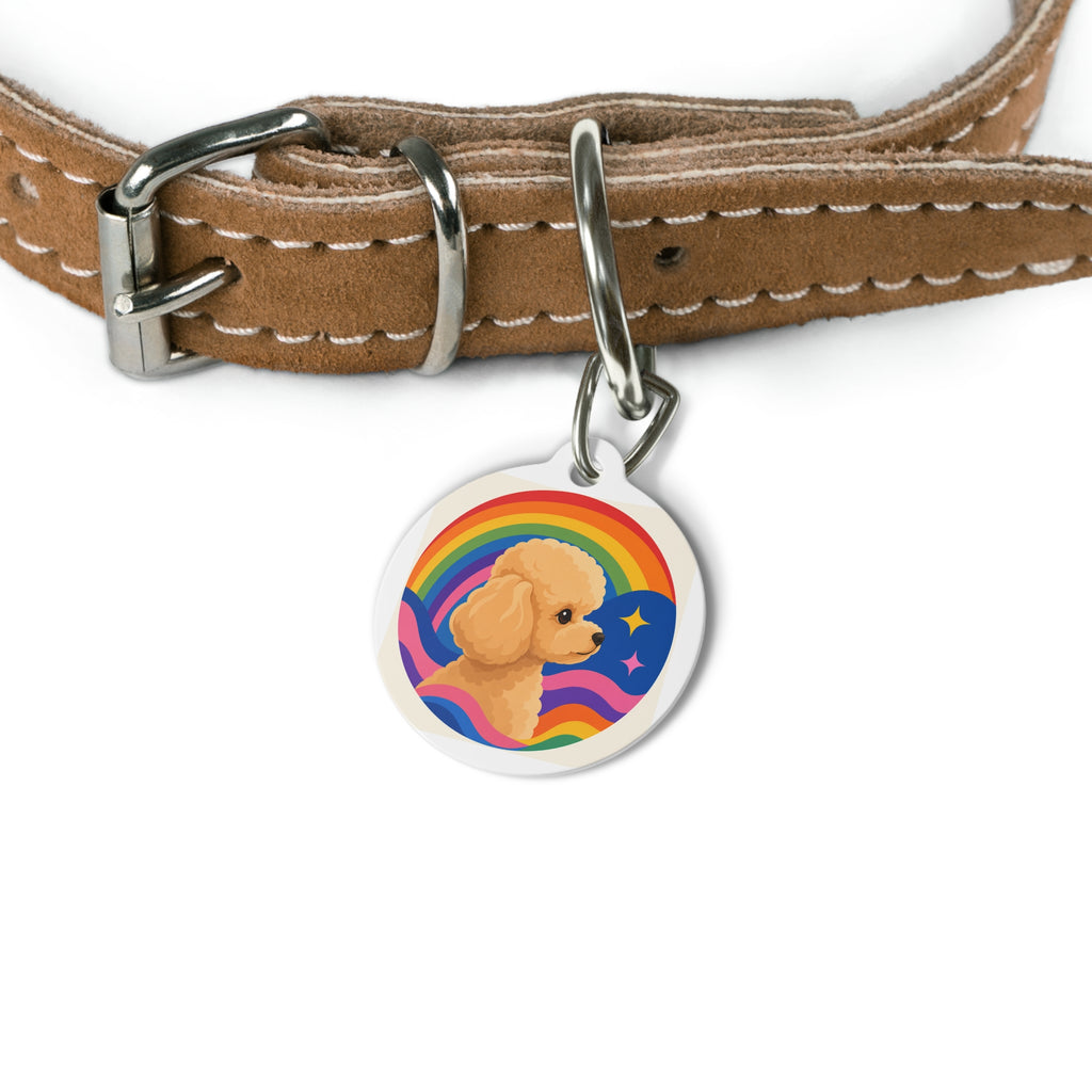 Etiqueta de identificación de perro personalizada con ondas arcoíris retro y albaricoque, caniche toy