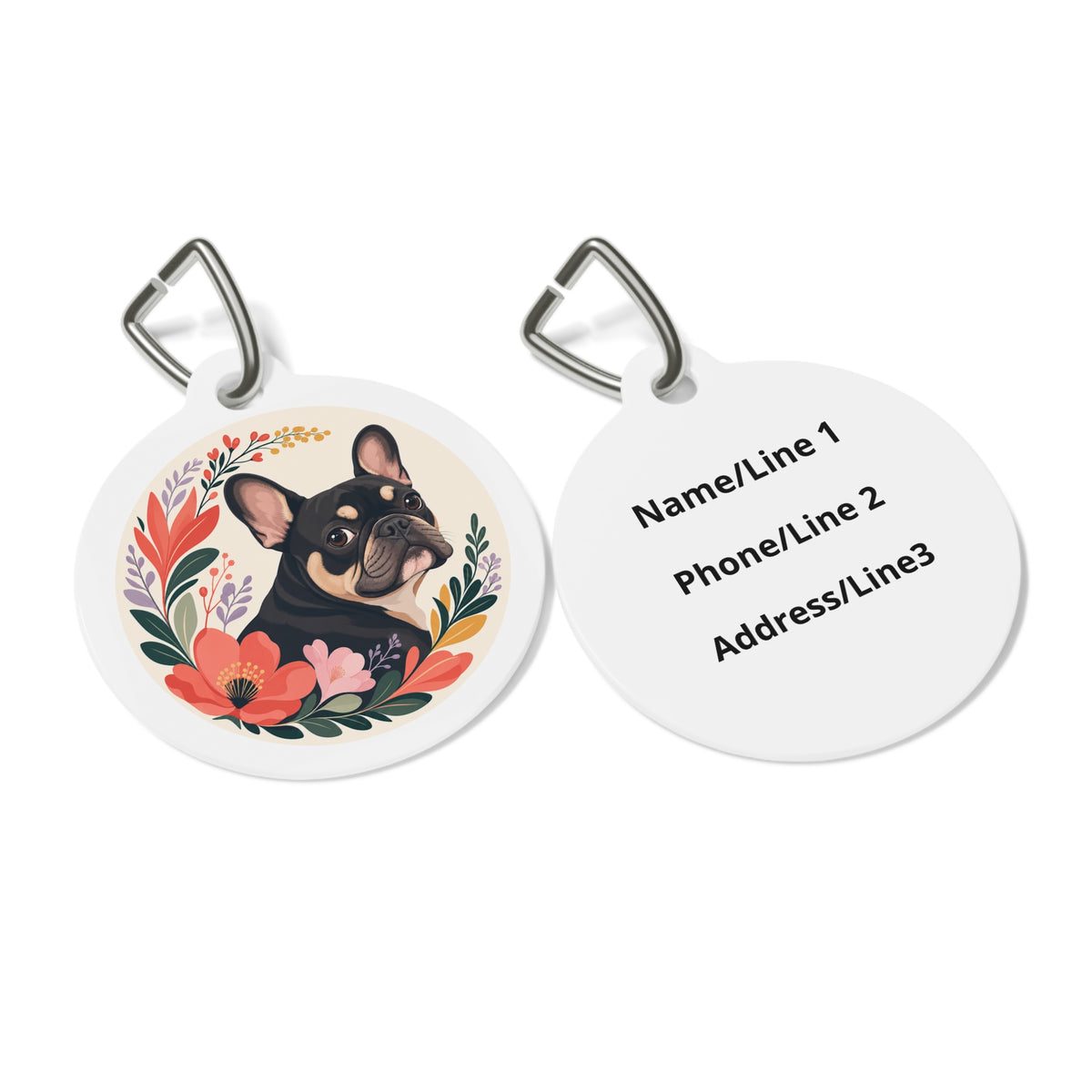 Close-up of French Bulldog Joyful Floral artwork on personalized dog ID tag