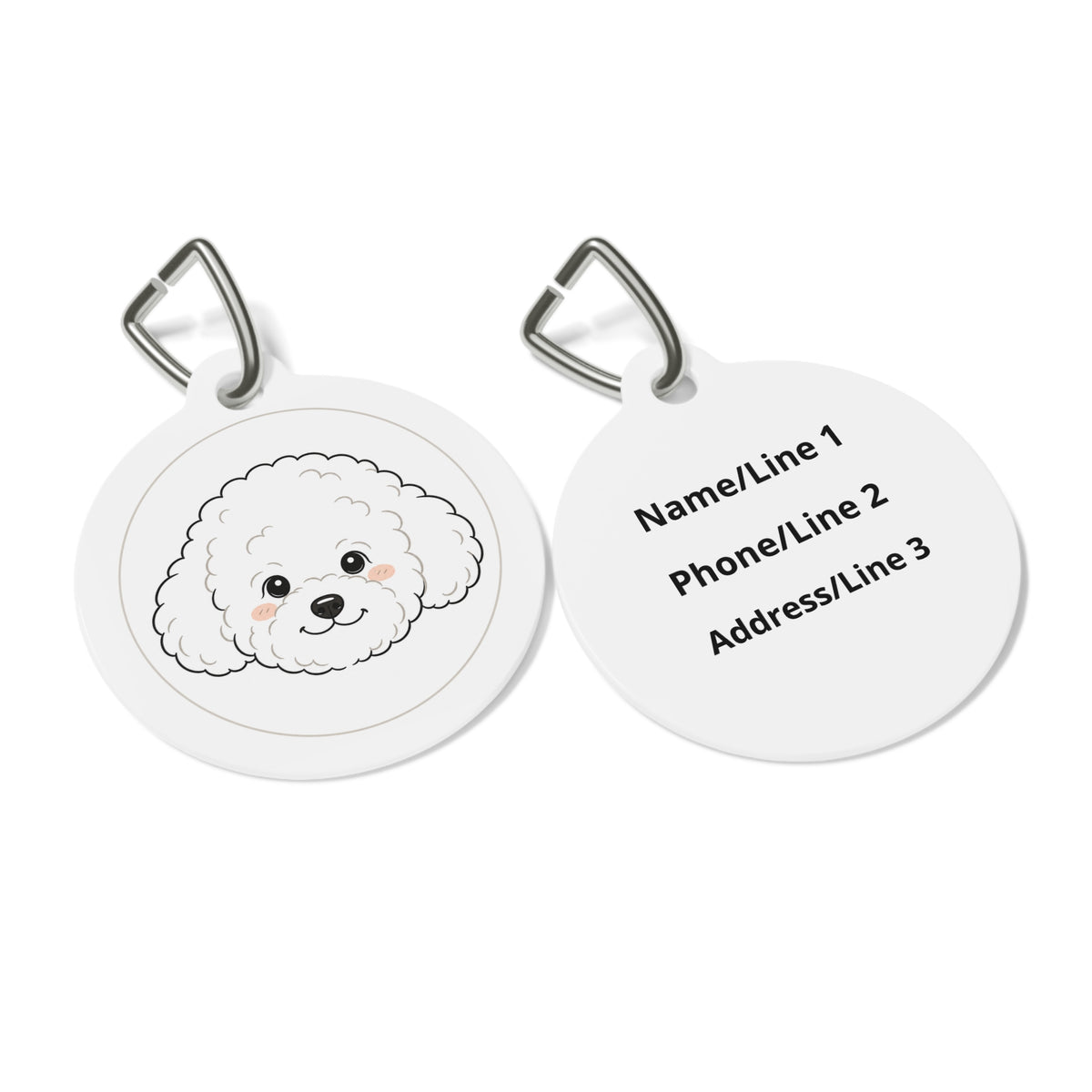Close-up of Bichon Frise Playful Portrait artwork on personalized dog ID tag