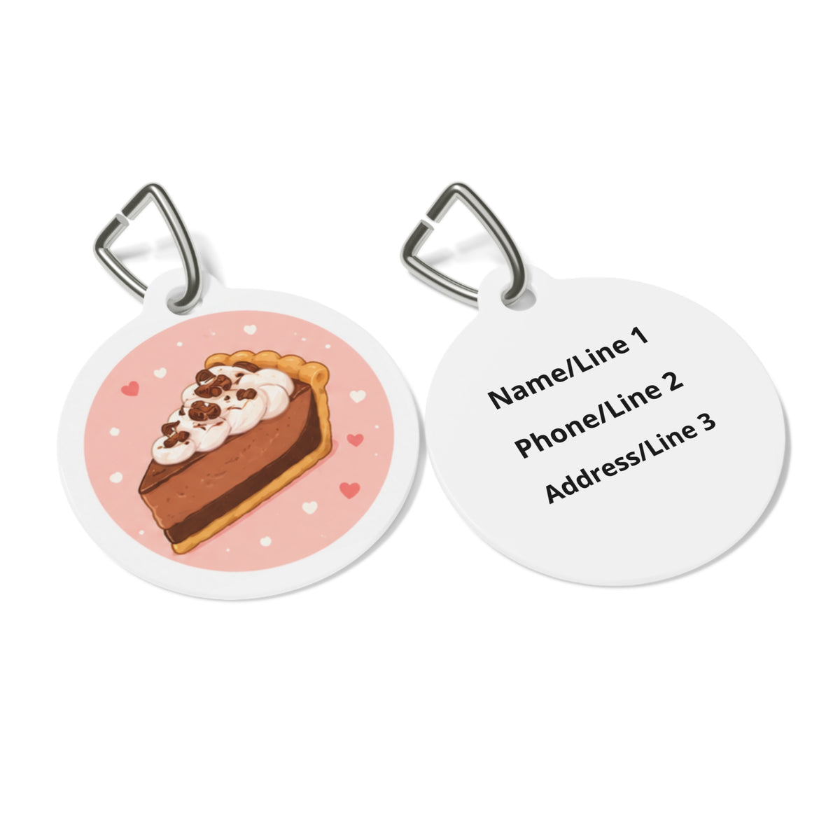 Close-up of Chocolate Cream Pie Whimsical Foodie Art artwork on personalized dog ID tag