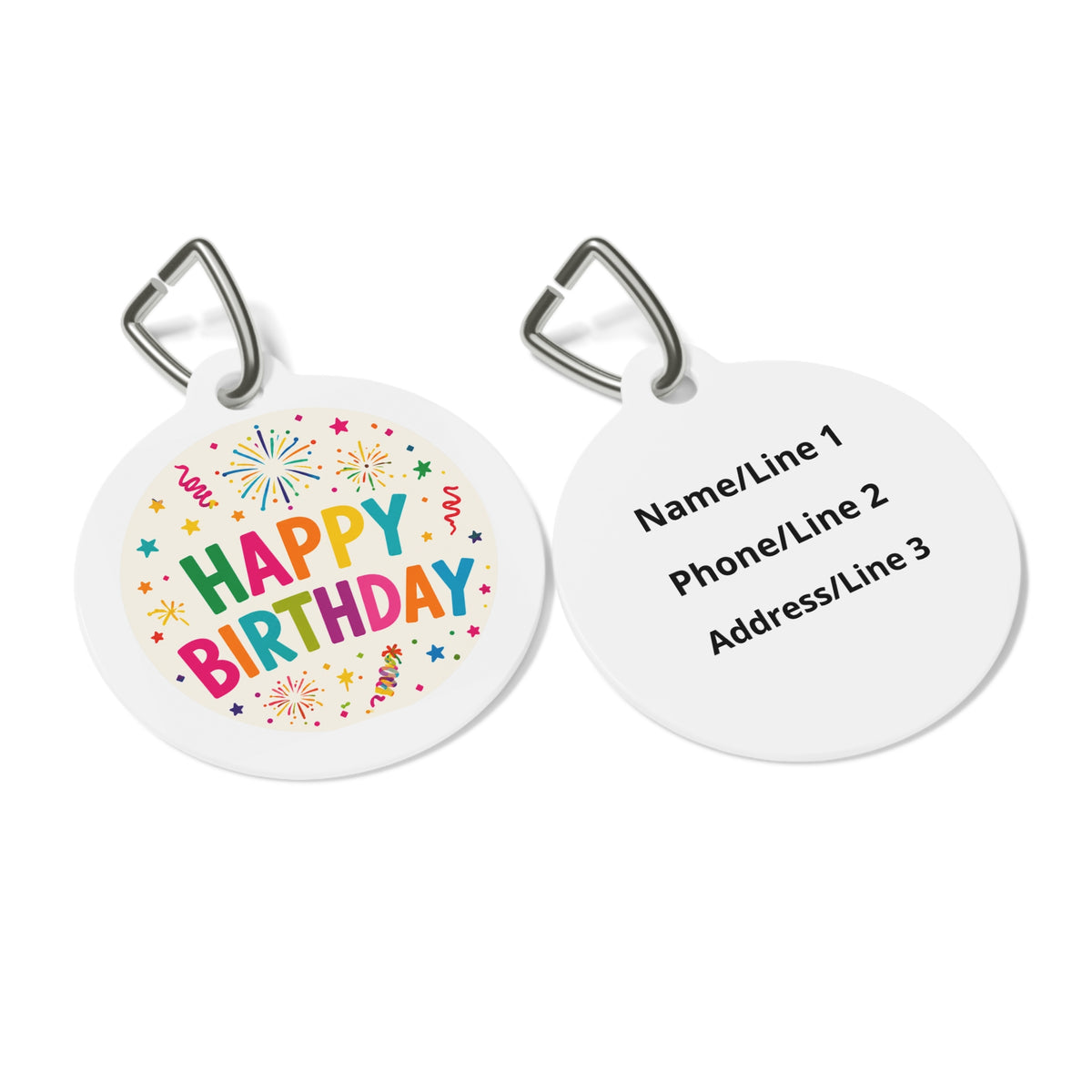 Close-up of Rainbow Firework Birthday Bash artwork on personalized dog ID tag
