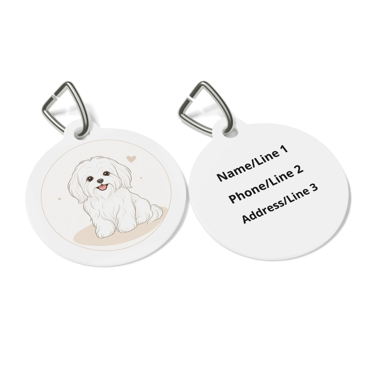 Close-up of Maltese Minimal Seated Pup Sketch artwork on personalized dog ID tag