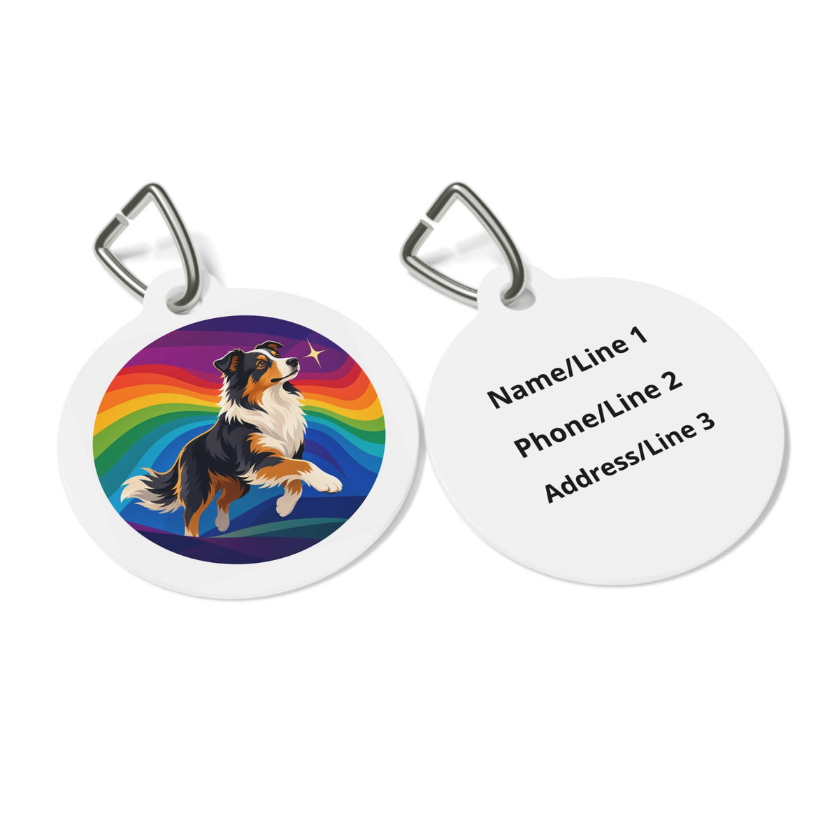 Close-up of Australian Shepherd Rainbow Run artwork on personalized dog ID tag
