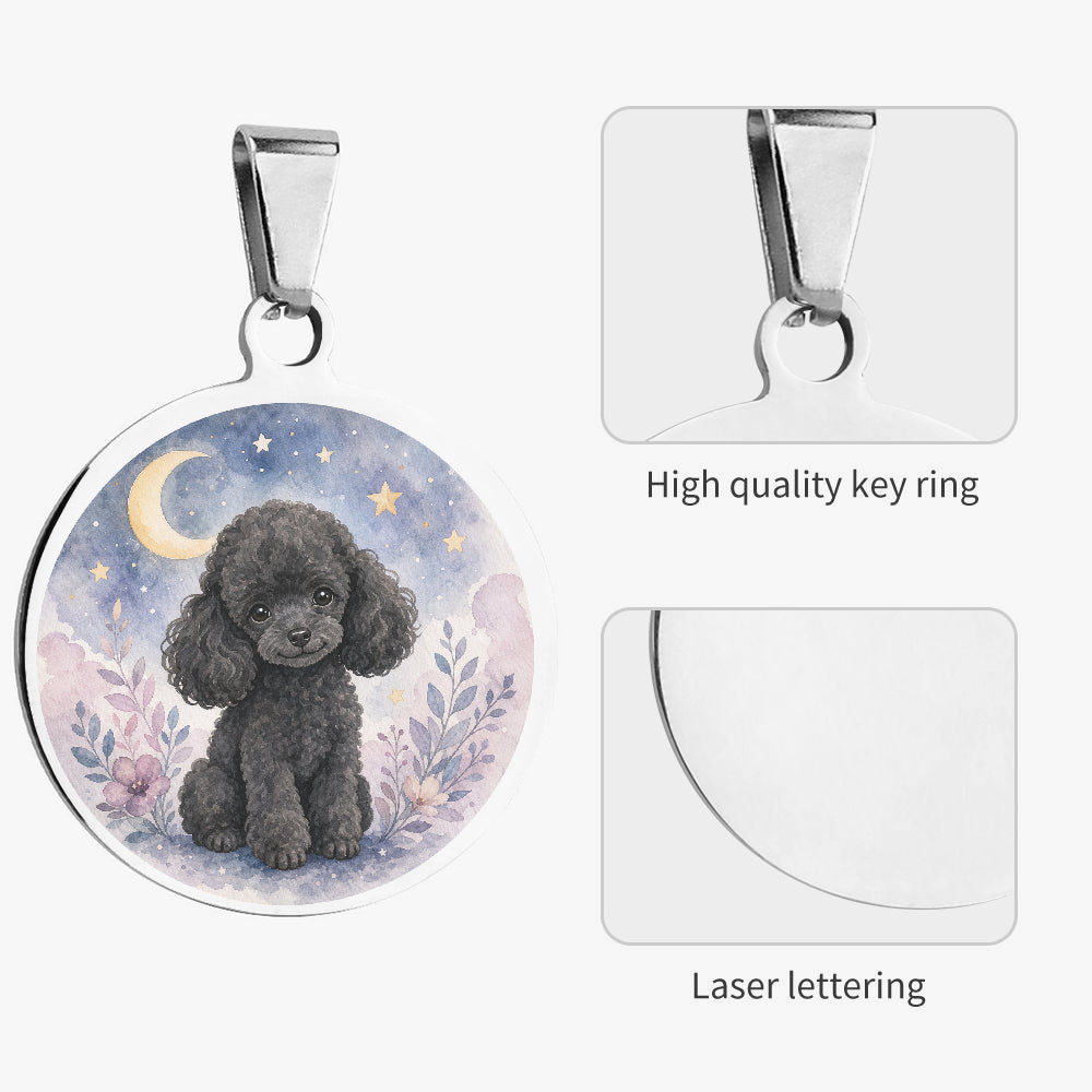 Close-up of Poodle Moonlit Floral Portrait artwork on personalized dog ID tag