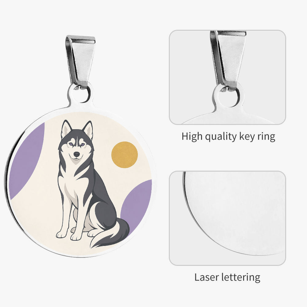 Close-up of Siberian Husky Minimal Sun Geometric artwork on personalized dog ID tag