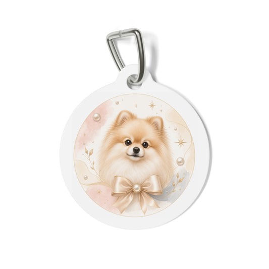 Pomeranian Pearl Bow Watercolor Personalized Dog ID Tag