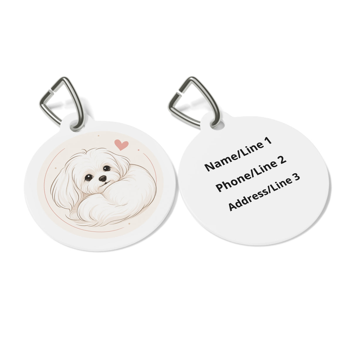 Close-up of Maltese Cozy Curled-Up Line Art artwork on personalized dog ID tag