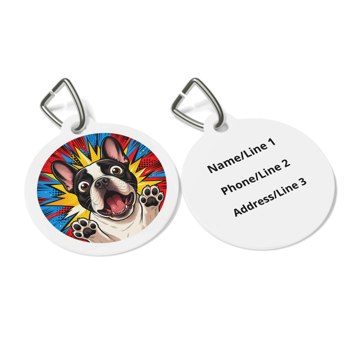 Close-up of French Bulldog Artful Pop Art artwork on personalized dog ID tag