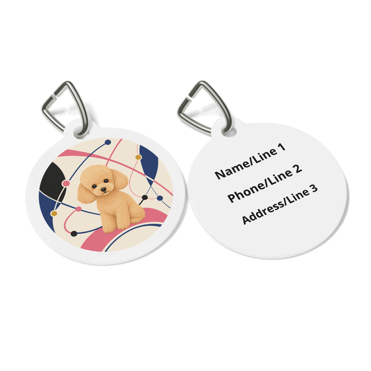 Close-up of Toy Poodle Atomic Lines Apricot Puppy artwork on personalized dog ID tag