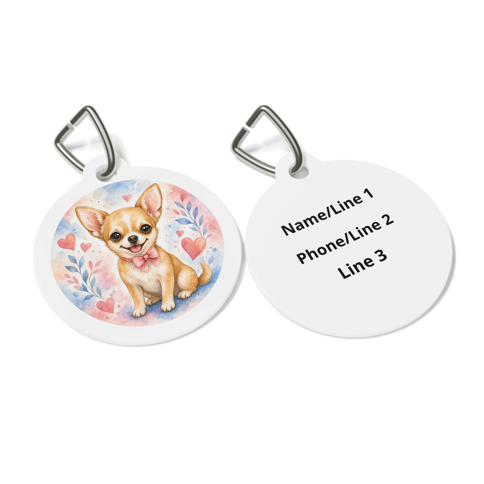 Chihuahua Watercolor Bow & Hearts Personalized Dog ID Tag