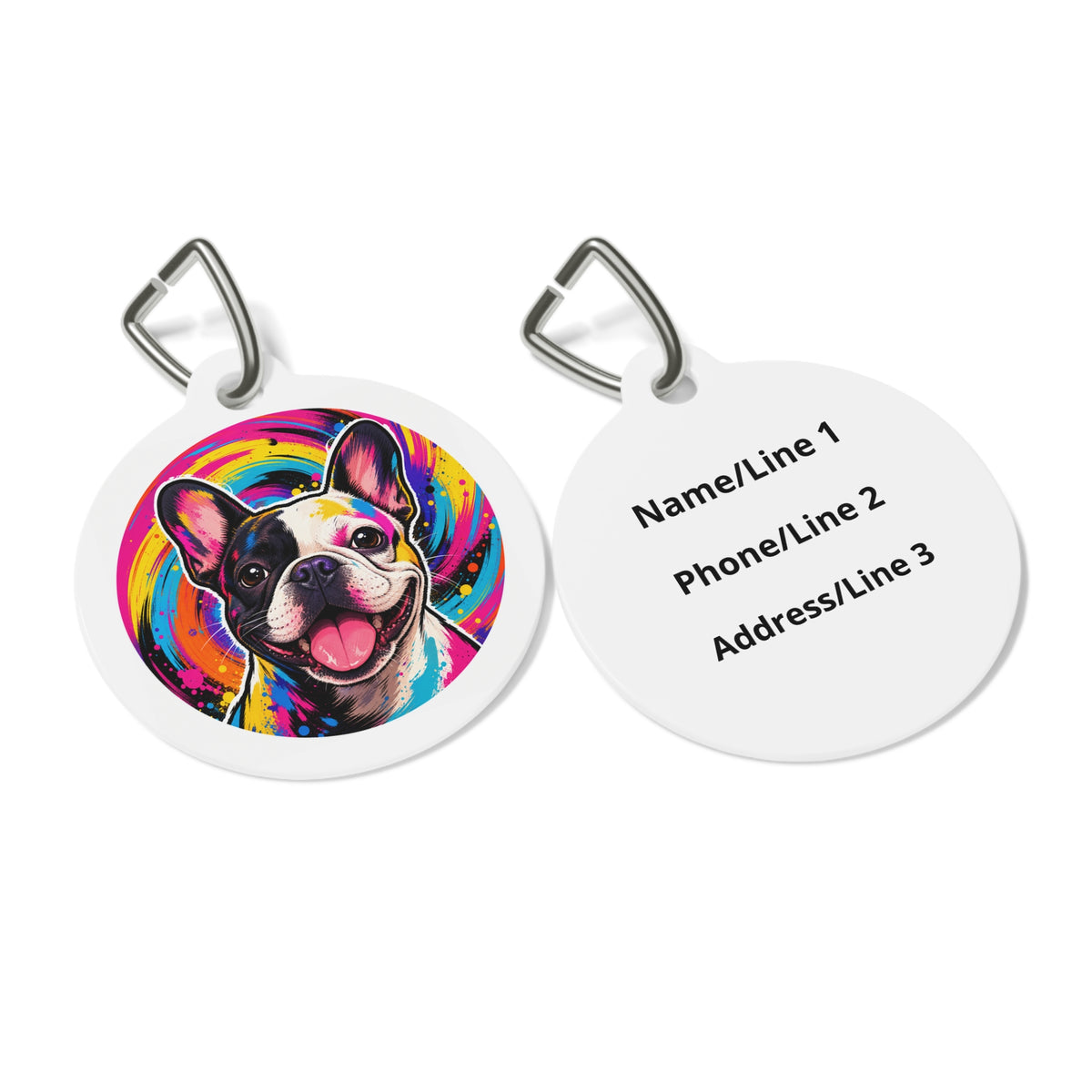 Close-up of French Bulldog Playful Pop Art artwork on personalized dog ID tag
